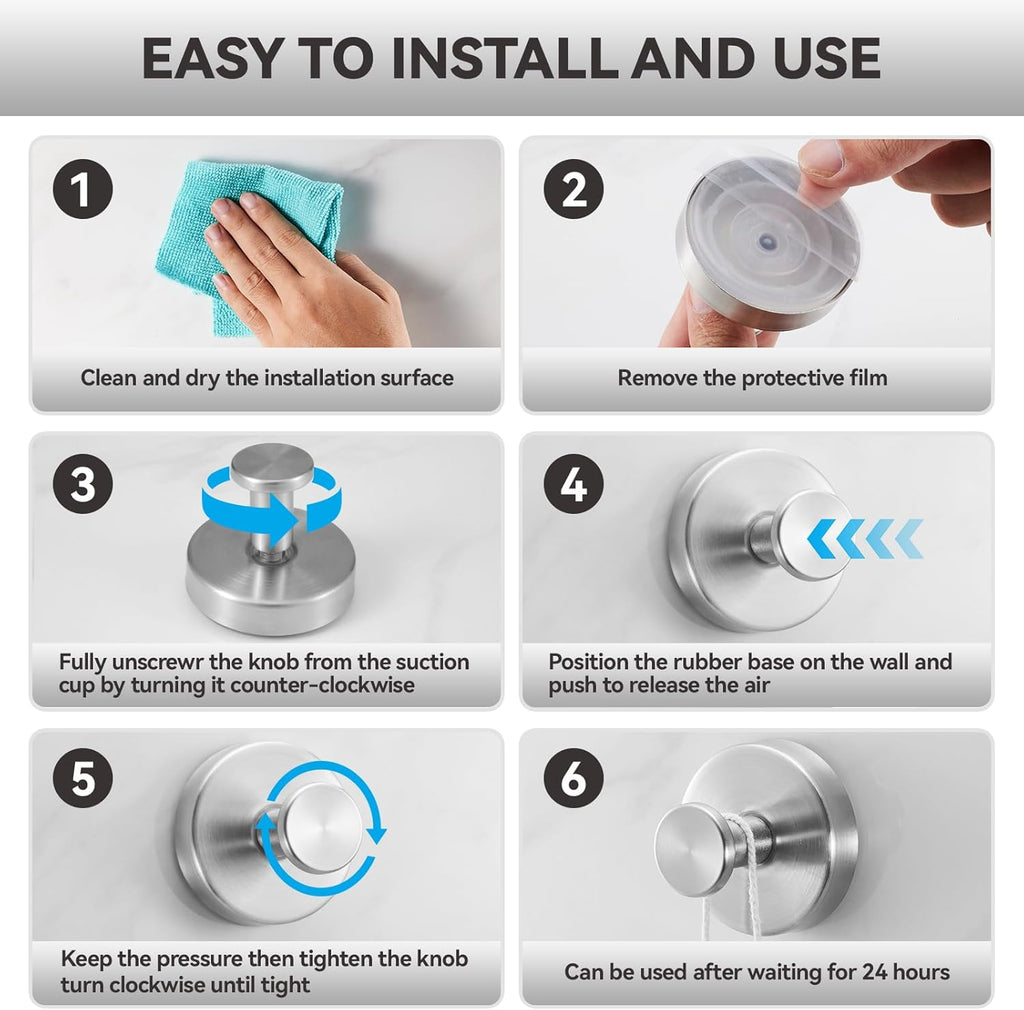 4 PCS Suction Cup Hooks for Shower, Stainless Steel No Drill Suction Towel Hooks, Reusable Sticky Silicone Suction Cup Base for Bathroom Wall, Glass, Mirror, Tile to Hang Loofahs, Robes (Silvery)