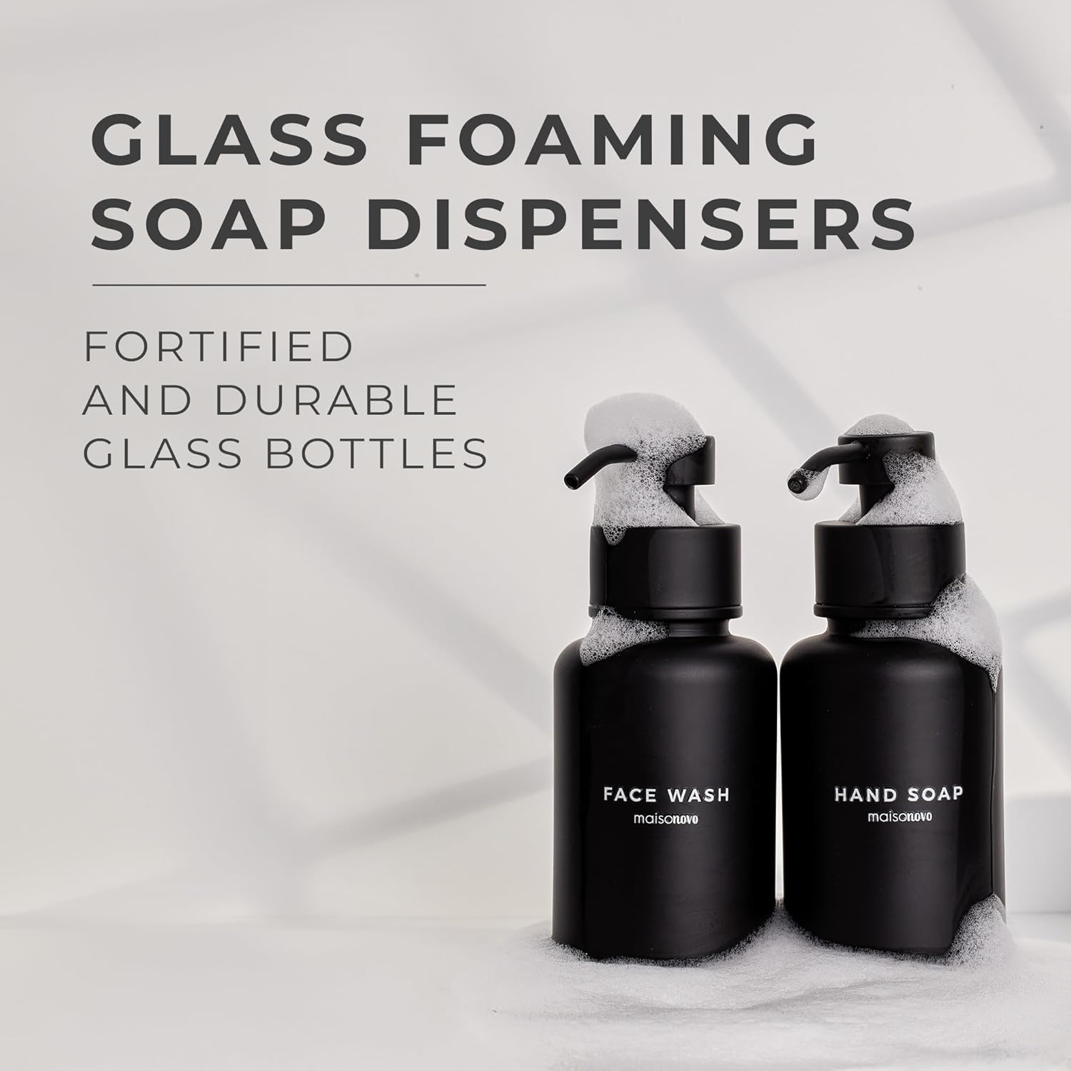 MaisoNovo Glass Foaming Soap Dispenser 14 Oz | Black Glass Black Pumps x 2