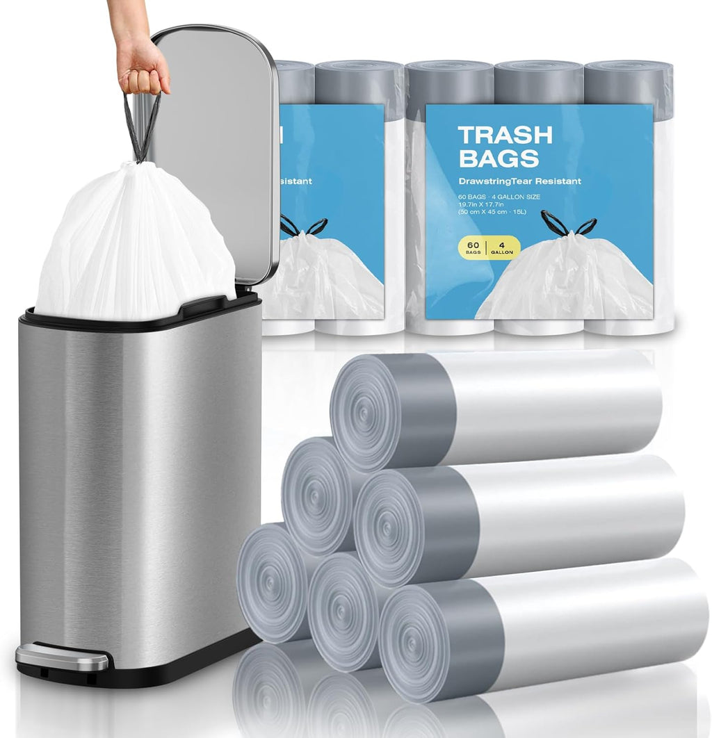 2.6 Gallon Mini Drawstring Trash Bags, Small Garbage Bags by KSSKSS, Code a fit 10-15 Liter, 2.6-4 Gal, White Trash Bin Liners for Home Office Kitchen Bathroom Bedroom, 120 Counts