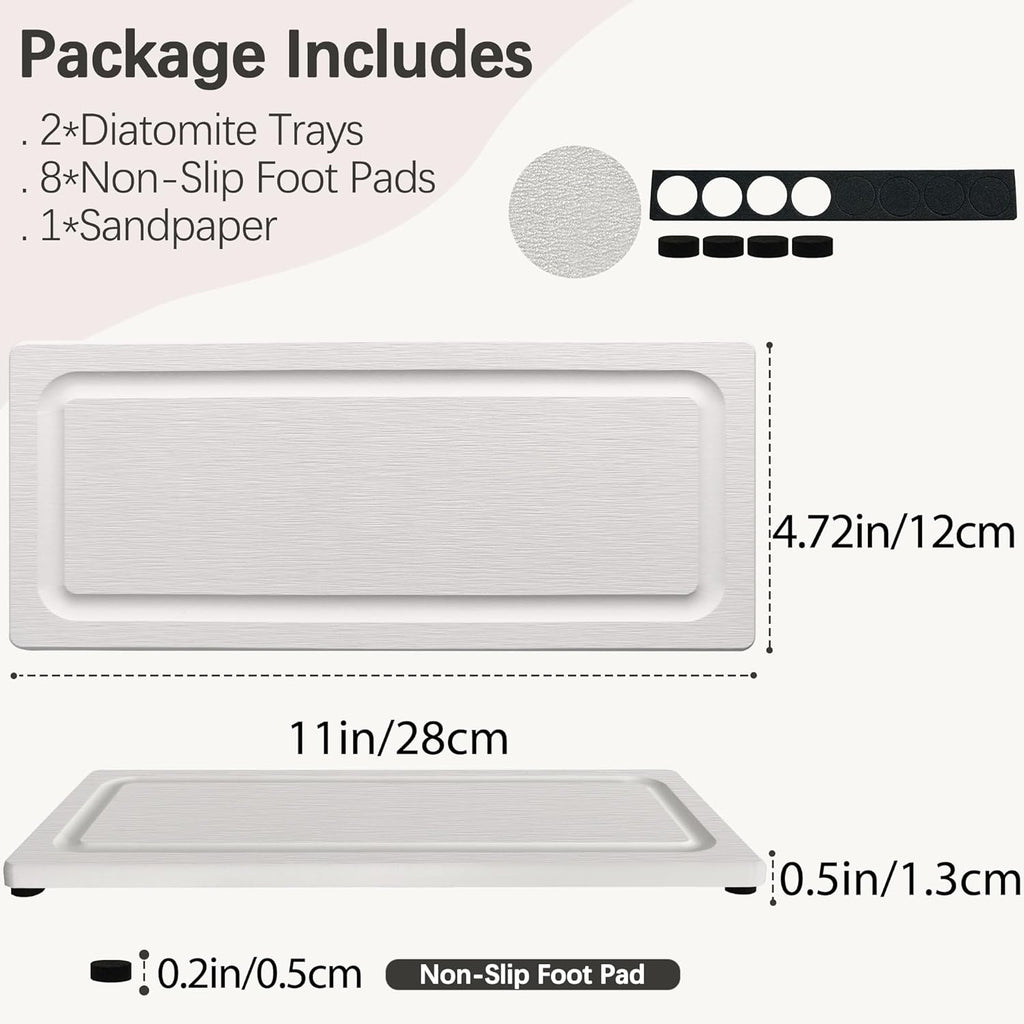 2 PCS Fast-Drying Stone Trays for Bathroom Sink & Kitchen Counter, Water Absorbing Diatomite Sink Coasters, Vanity Tray, Hand Soap Holder with Anti-Skid Pads (11" x 4.7" White)