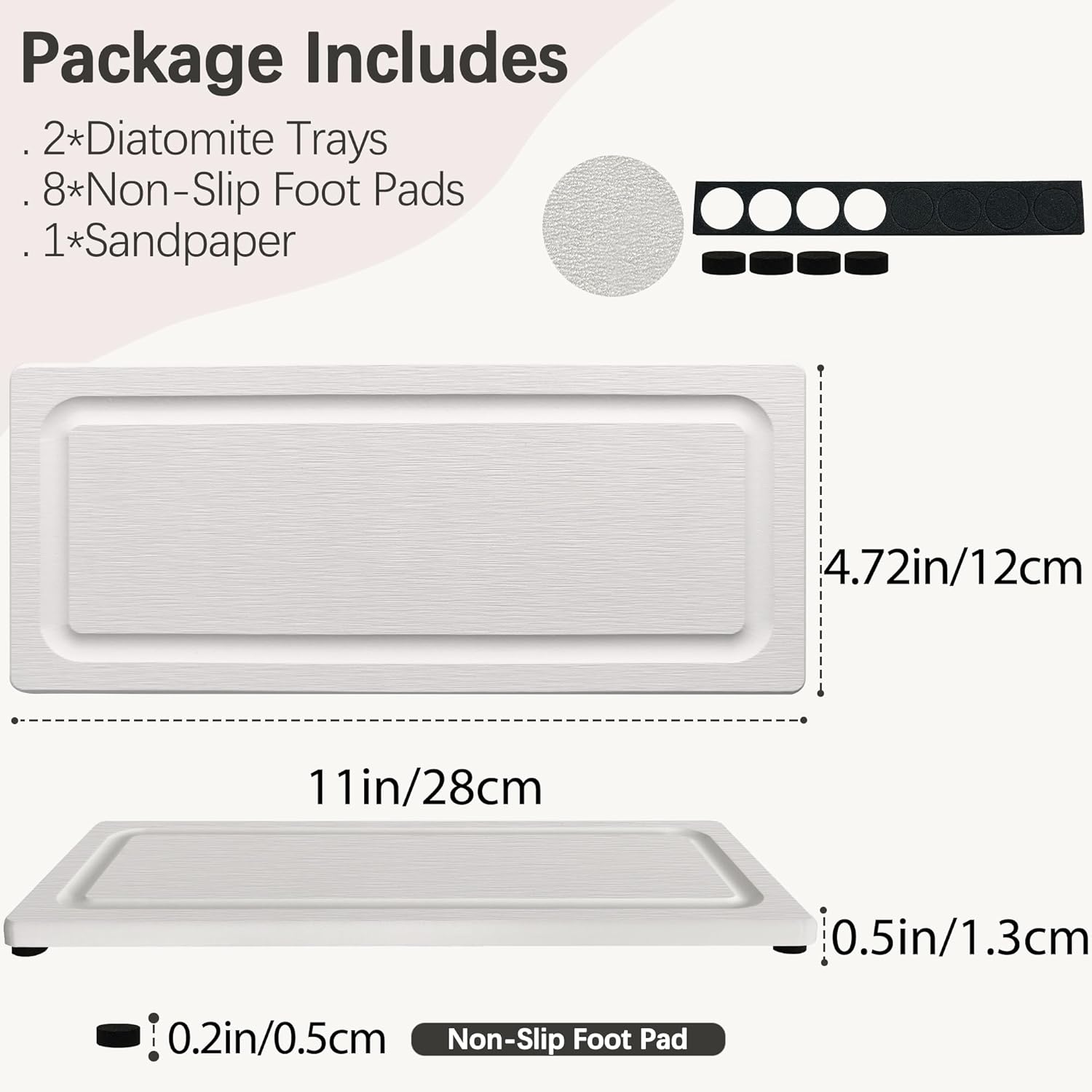 2 PCS Fast-Drying Stone Trays for Bathroom Sink & Kitchen Counter, Water Absorbing Diatomite Sink Coasters, Vanity Tray, Hand Soap Holder with Anti-Skid Pads (11" x 4.7" White)