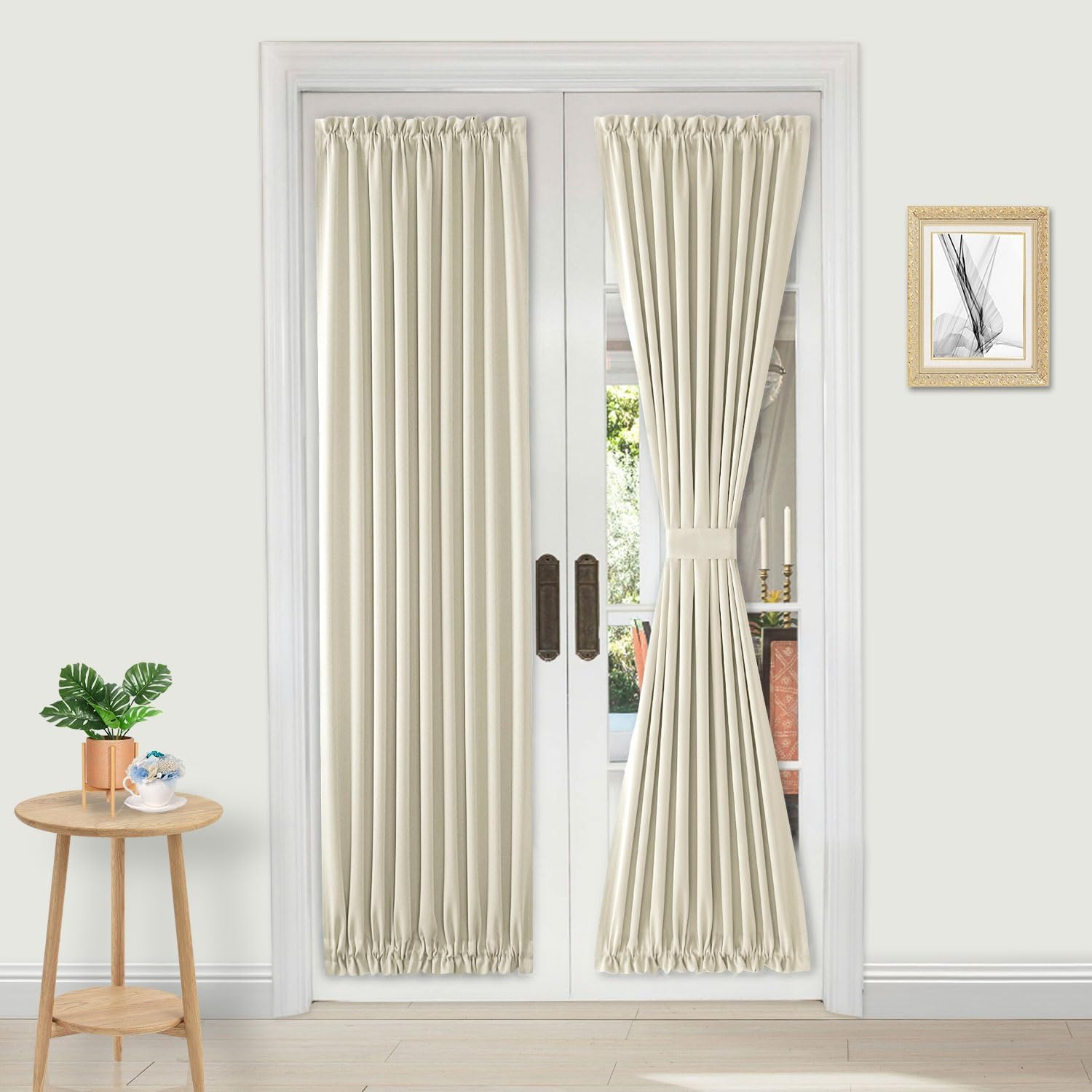 DWCN French Door Curtains – Rod Pocket Thermal Blackout Curtain for Doors with Glass Window, Kitchen and Patio Doors for Privacy, 25 X 80 Inches Long, 1 Curtain Panel with Tieback, Light Beige