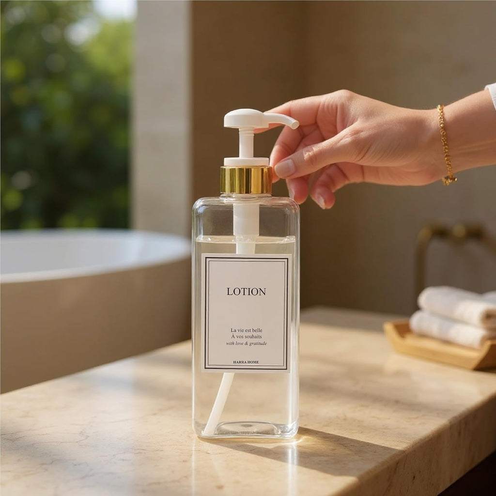 Modern Gold Design Large 27 oz Shampoo and Conditioner Dispensers - Empty Plastic Refillable Pump Bottle Set for Bathroom Shower Soap Dispenser, Set of 3 (Clear & White)