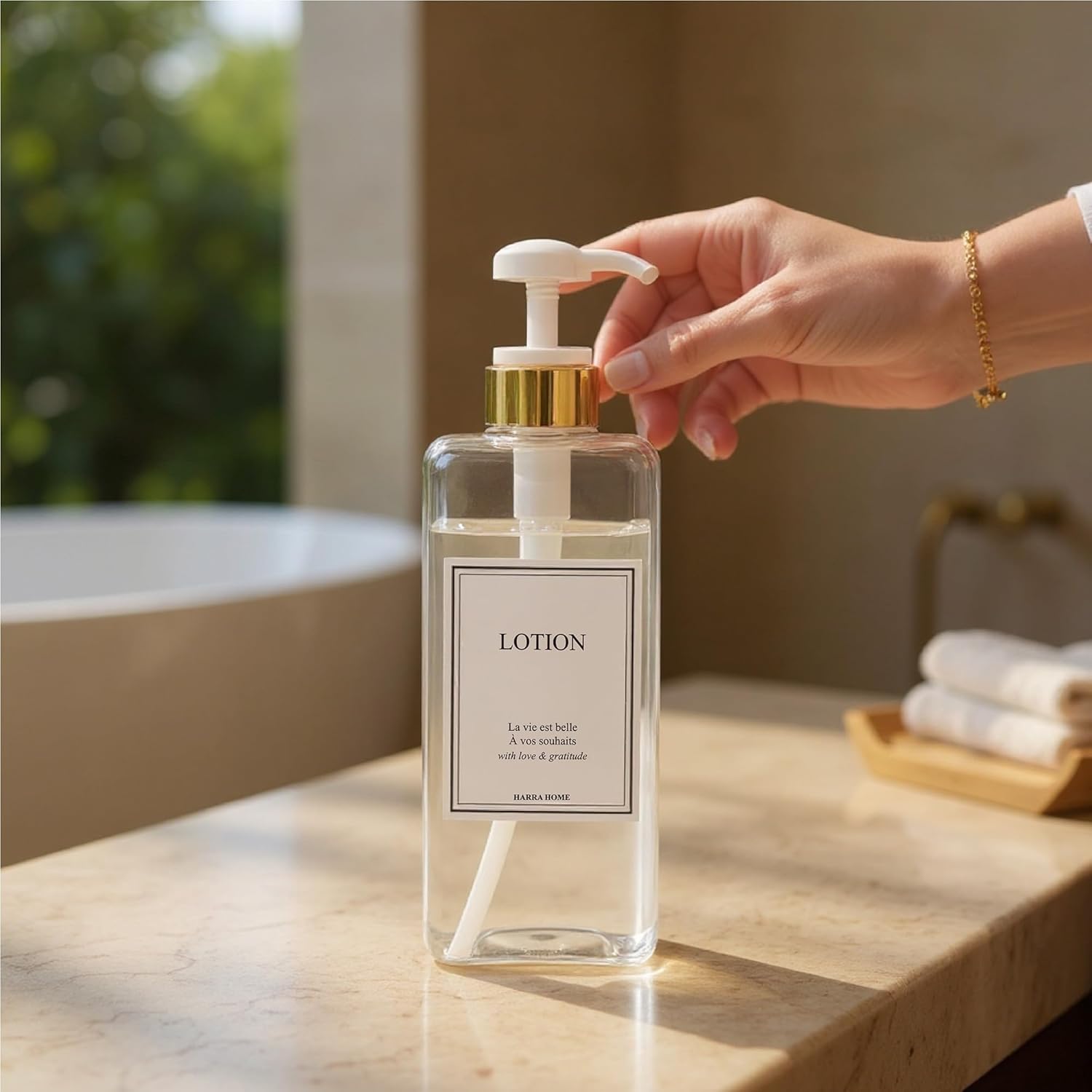 Modern Gold Design Large 27 oz Shampoo and Conditioner Dispensers - Empty Plastic Refillable Pump Bottle Set for Bathroom Shower Soap Dispenser, Set of 3 (Clear & White)