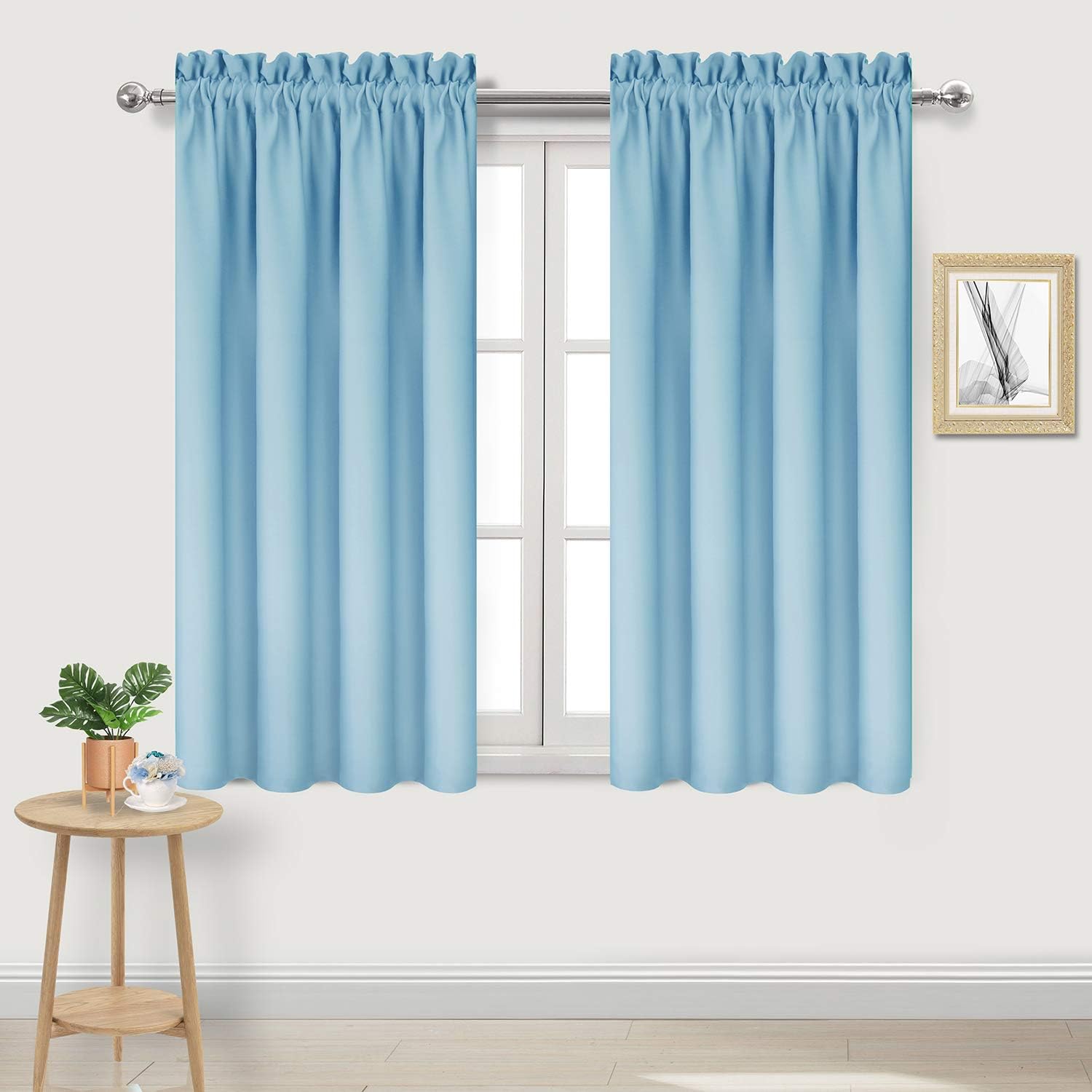 DWCN Blackout Curtains Thermal Insulated Energy Saving Bedroom and Kitchen Curtains Window Treatments, W 38 x L 45 Inch, Set of 2 Light Blue Rod Pocket Drapes