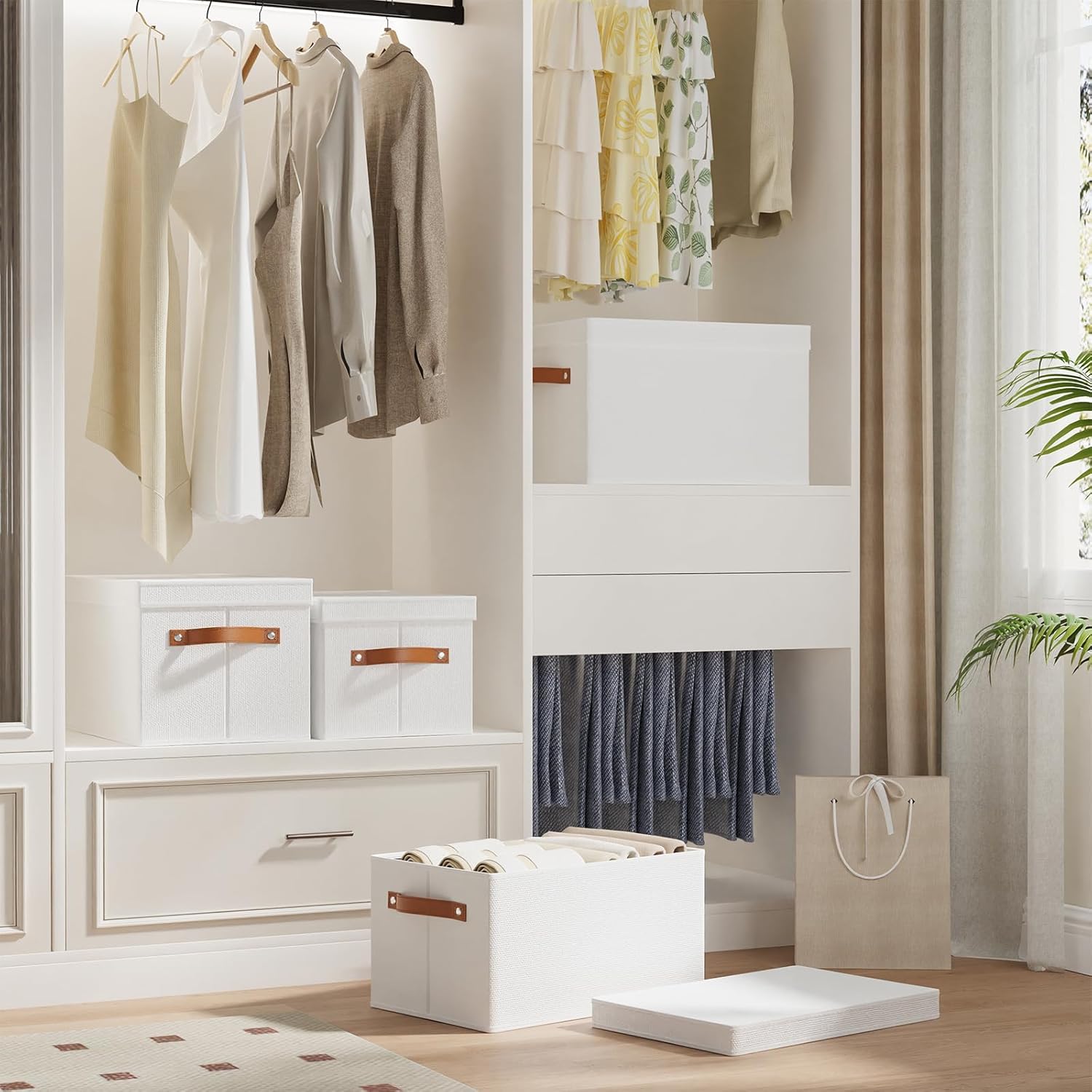 Fabric Storage Bins, Clothes Boxes for Shelves with Lids, 5 Pack Baskets for Organizing with Handles, Decorative Linen Closet Organizers, White, 16.5 x 11.8 x 10.2 Inch