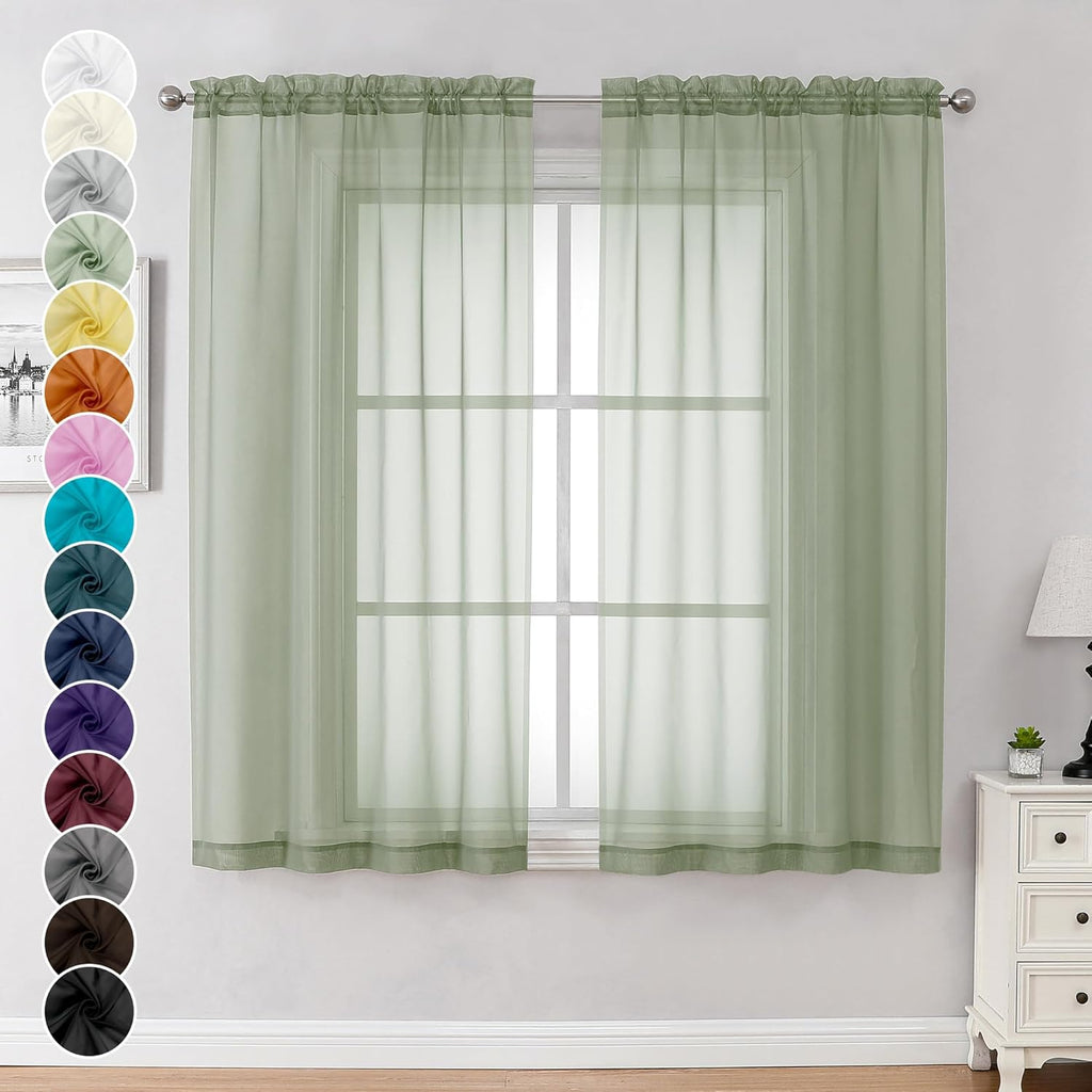 Chyhomenyc Sage Green Sheer Curtains 63 Inch Length 2 Panels, Light Filtering Airy Breathable Rod Pocket Voile Window Drapes for Bedroom Living Room, Each 42x63 Inch，Set of 2