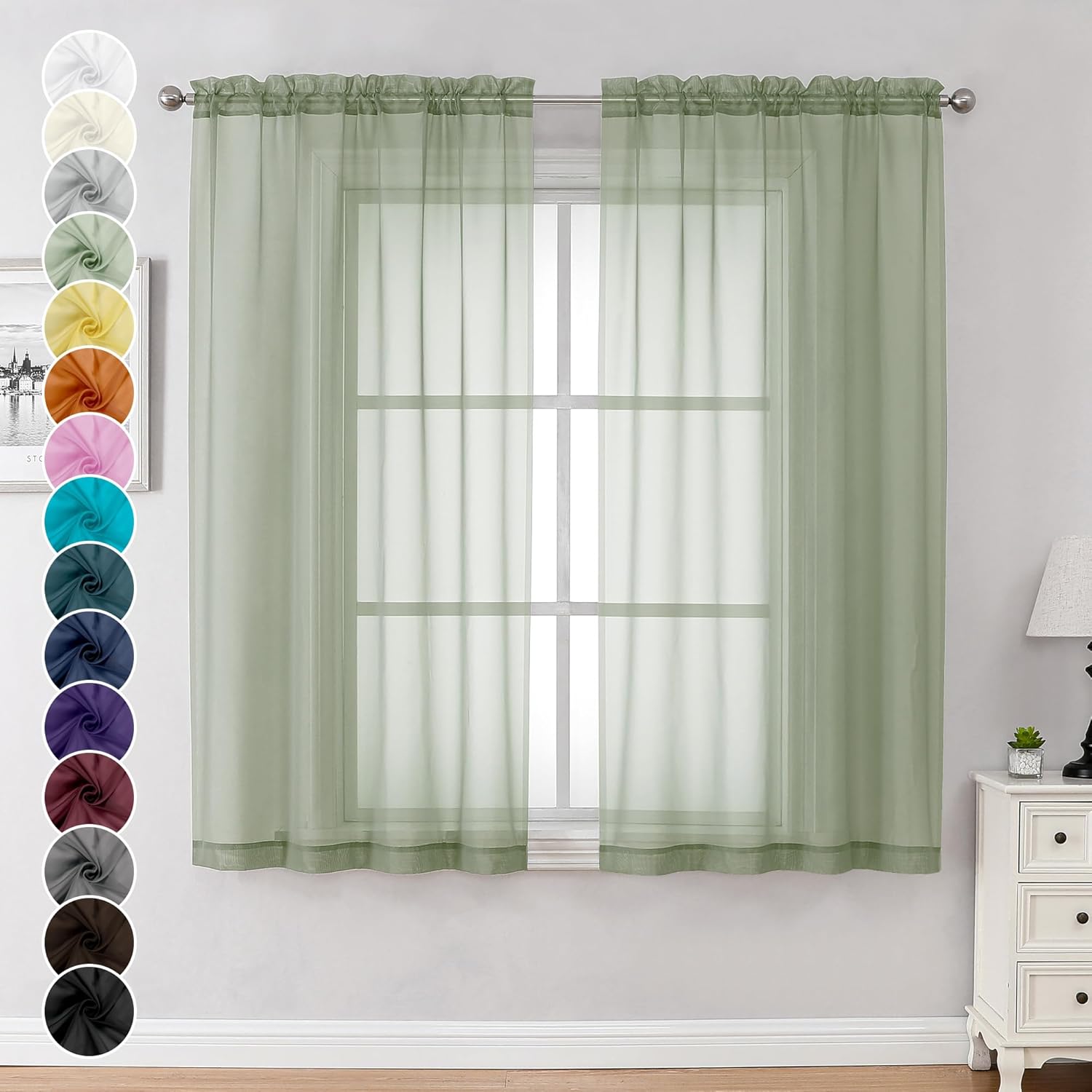 Chyhomenyc Sage Green Sheer Curtains 63 Inch Length 2 Panels, Light Filtering Airy Breathable Rod Pocket Voile Window Drapes for Bedroom Living Room, Each 42x63 Inch，Set of 2