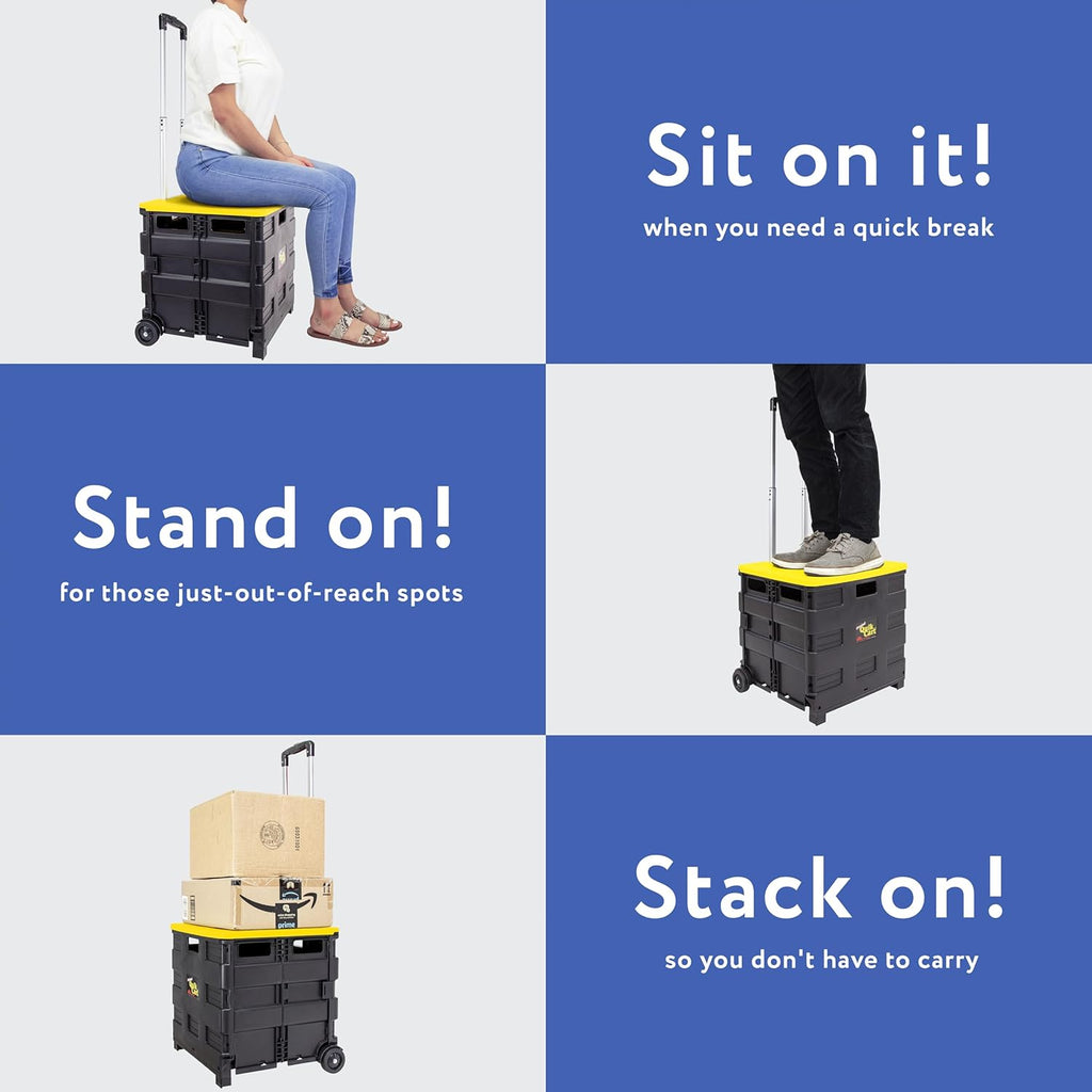 dbest products Quik Cart Collapsible Rolling Crate on Wheels for Teachers Tote Basket 80 lbs Capacity, Made from Heavy Duty Plastic and Used as a Seat, Canary, Yellow