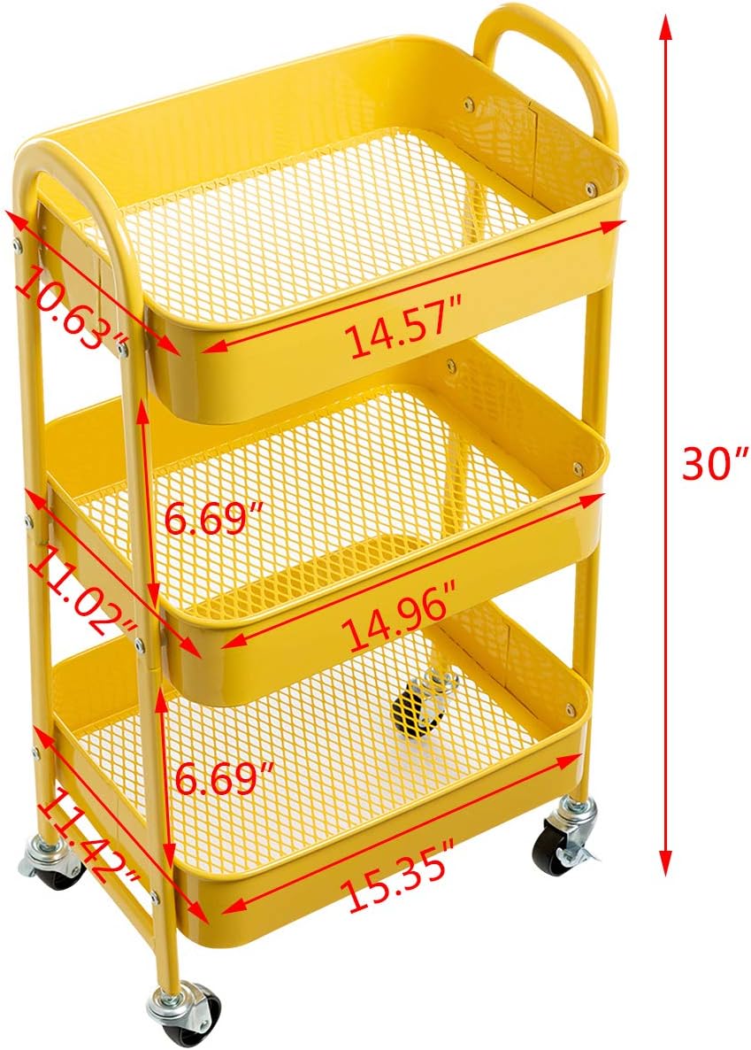 AGTEK Makeup Cart, Movable Rolling Organizer Cart, 3 Tier Metal Utility Cart, Yellow