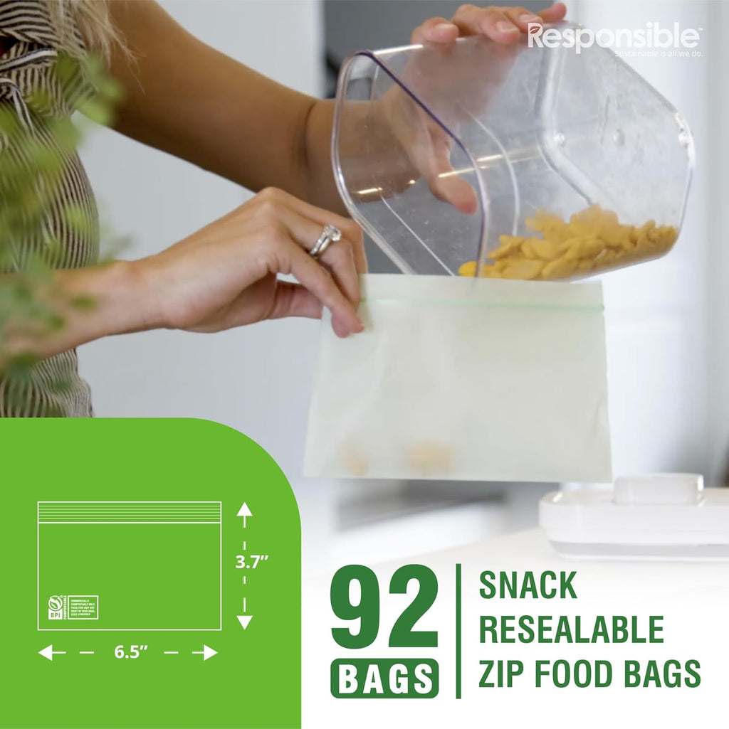 Responsible Products Certified Compostable SNACK Resealable Zip Bag, Extra Strength Food Bags, Plant-Based Freezer-Safe (92 Pack)