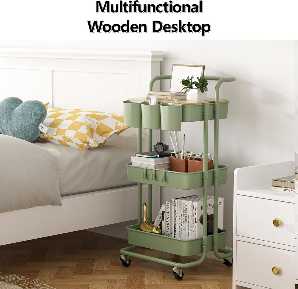 3 Tier Rolling Cart with Metal Handle, Table Top, Hanging Cups, Hooks, Plastic Storage Baskets& Wheels Lockable, Utility Cart for Bathroom Classroom Office Kitchen Pantry Organizers and Storage, Green