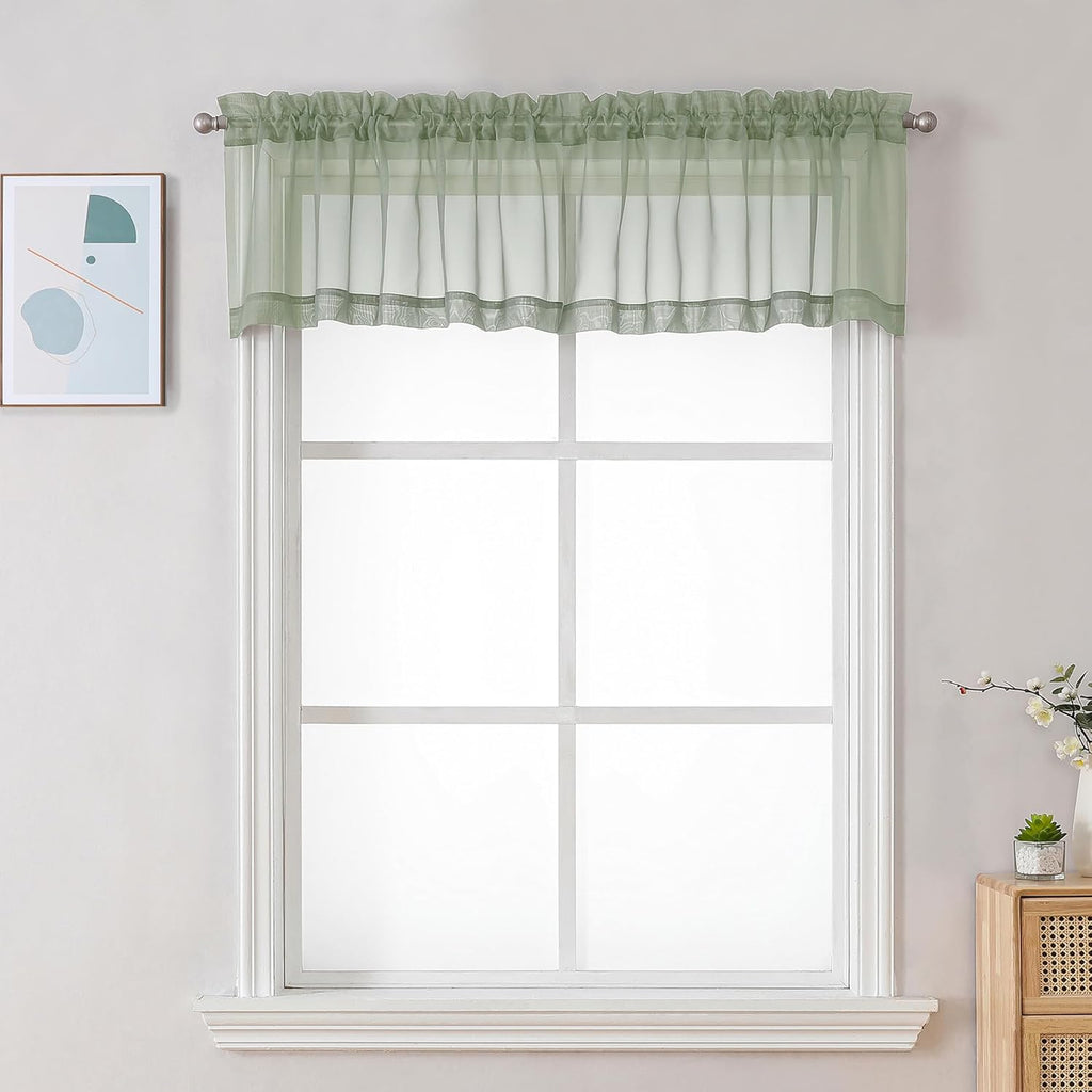 Chyhomenyc Sheer Window Valance Curtains, 42x14 Inches 2PCS, Light Filtering Valances Windows Treatment, Small Rod Pockets Voile Sheer Curtains for Living Room/Bathroom/Basement, Sage Green