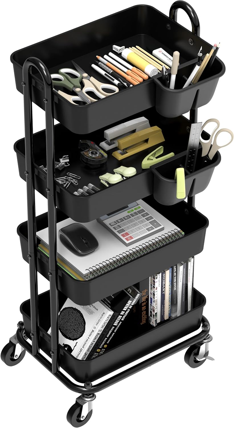 Simple Houseware 4-Tier Multifunctional Rolling Utility Cart with Hanging Buckets, Black