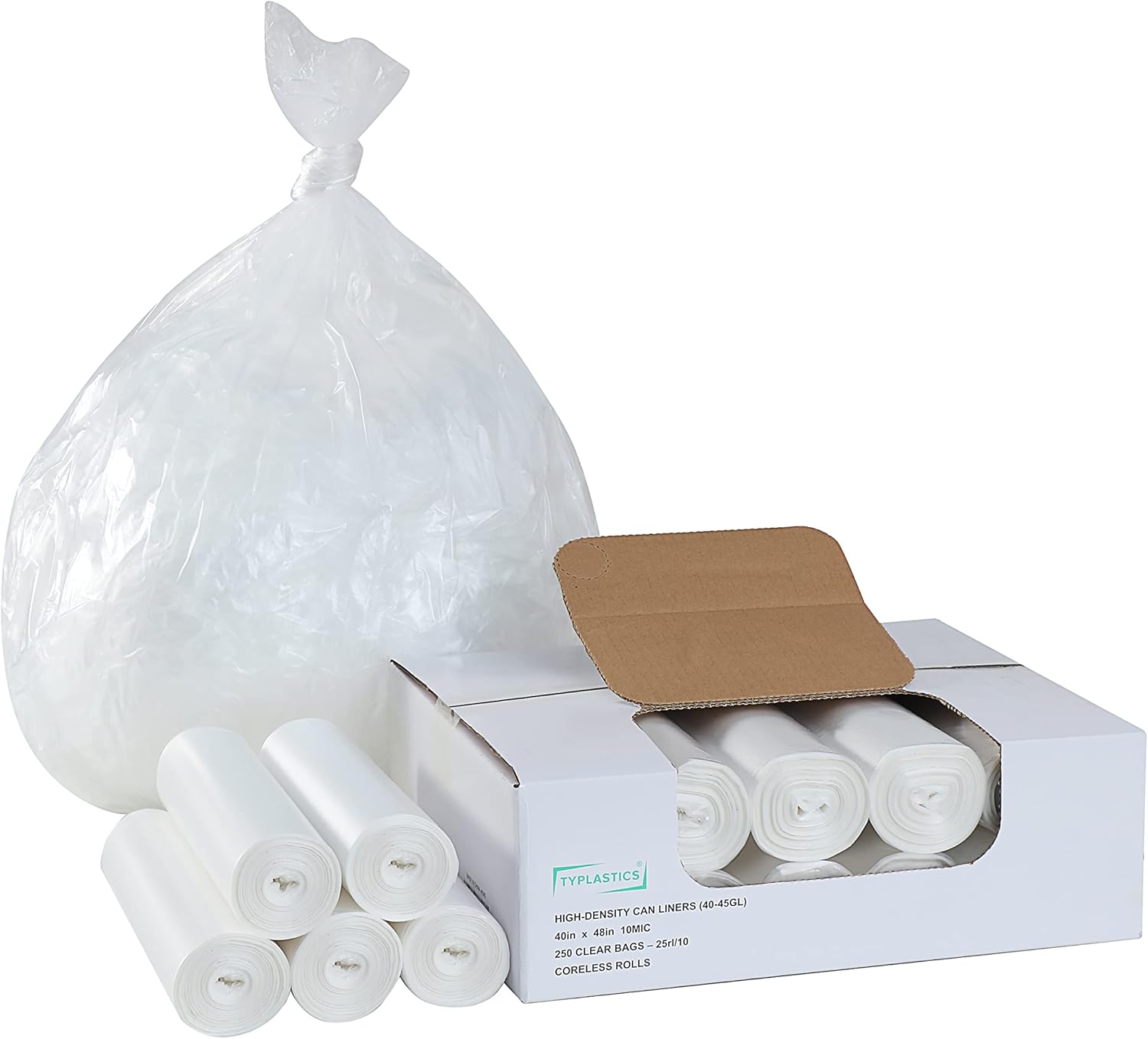 TYPLASTICS 40-45 Gallon Clear Trash Can Liners - 40" x 48" – High Density Garbage Bags - Case of 250 – Multipurpose for Office, Outdoor, Recycling, Industrial and Commercial