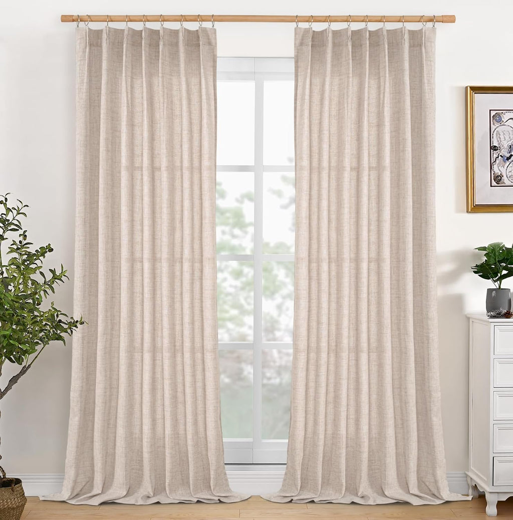 YoungsTex Linen Semi Sheer Curtains 90 Inch Length 2 Panels for Living Room, Light Filtering Textured Drapes Natural Rustic Window Treatments with Pinch Pleated for Living Room Bedroom, 40 X 90 Inch