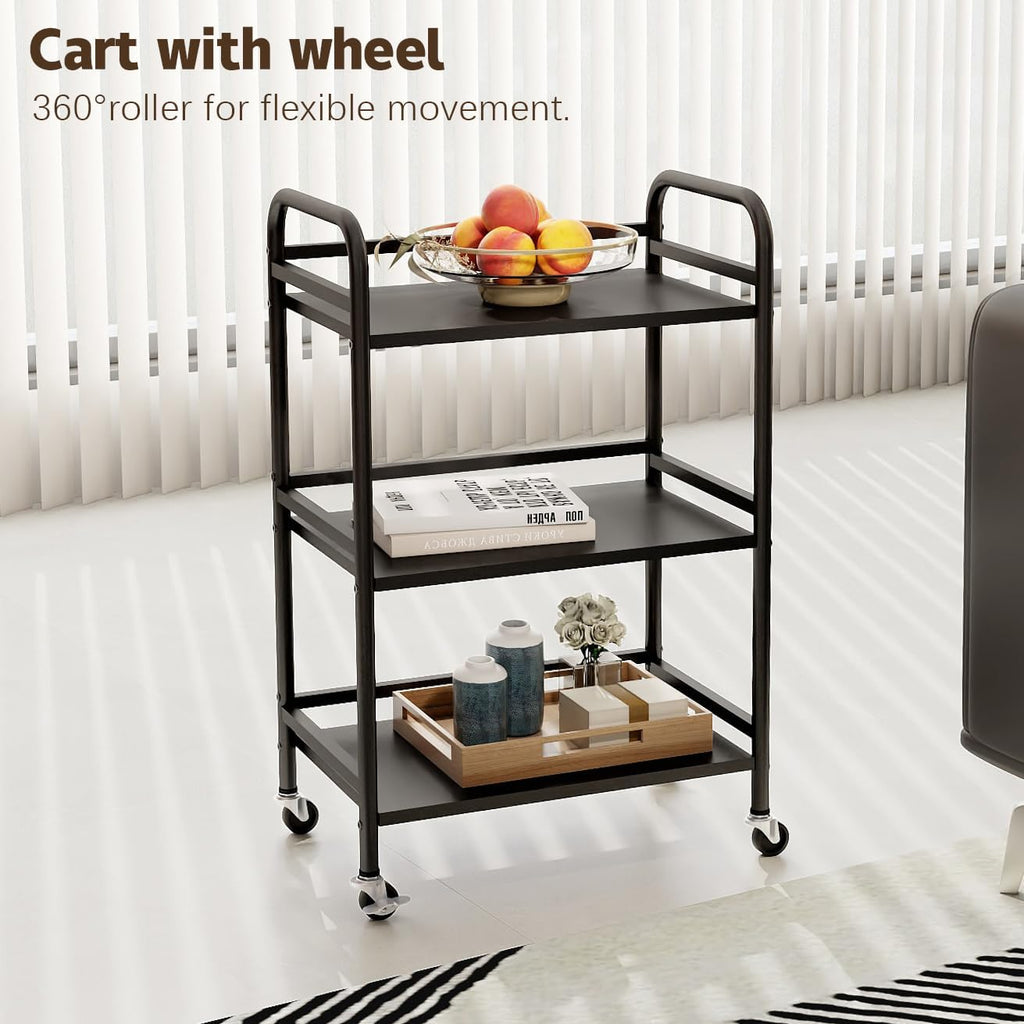 HDANI 3 Tier Rolling Cart Shelves,Heavy Duty Multifunctional Metal Frame-Supports 22 Lbs Per Tier,Rolling Cart with 2 Lockable Wheels for Home,Office,Kitchen,Bathroom,Bedroom (Black)…
