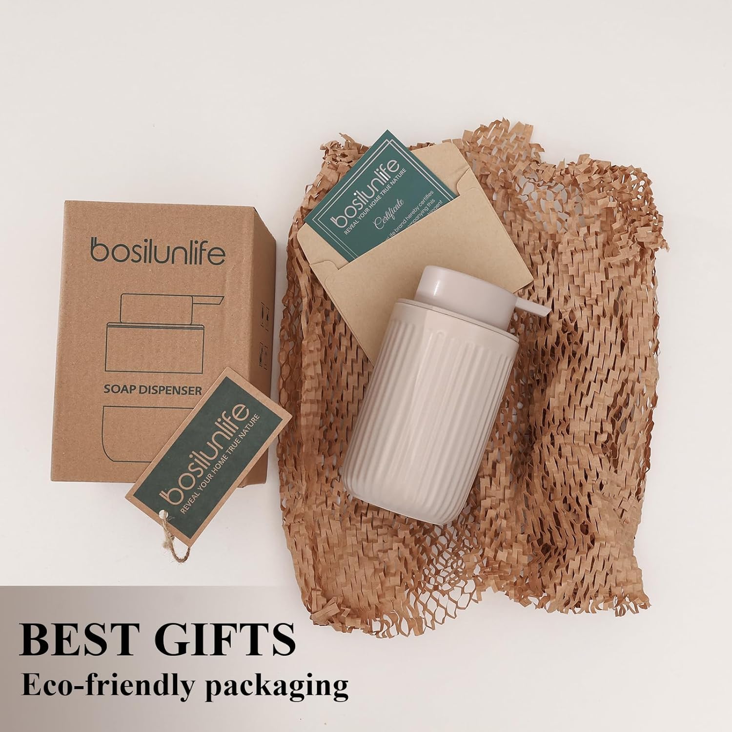 BosilunLife Dish Hand Soap Dispenser - Khaki Liquid Pump Soap Dispenser for Bathroom Decro 12oz Ceramic Kitchen Dish Dispenser with Rust-Proof Liquid Pump Modern Refillable Lotion Bottles