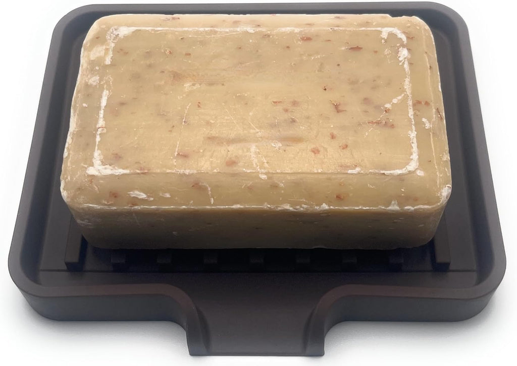 Happitasa Silicone Soap Dish Tray and Sponge Holder with Drain Chute, Pack of 2 | Bathroom and Kitchen Sink Organizer Caddy (Dark Chocolate, 5.2"x4", 7.2 Ounces)