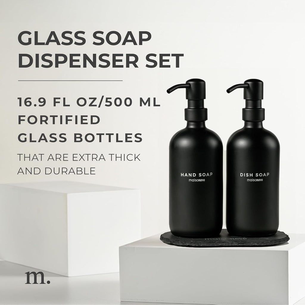MaisoNovo Soap Dispenser 3-Piece Set | 16.9oz Black Bottles with Black Stainless Steel Pumps