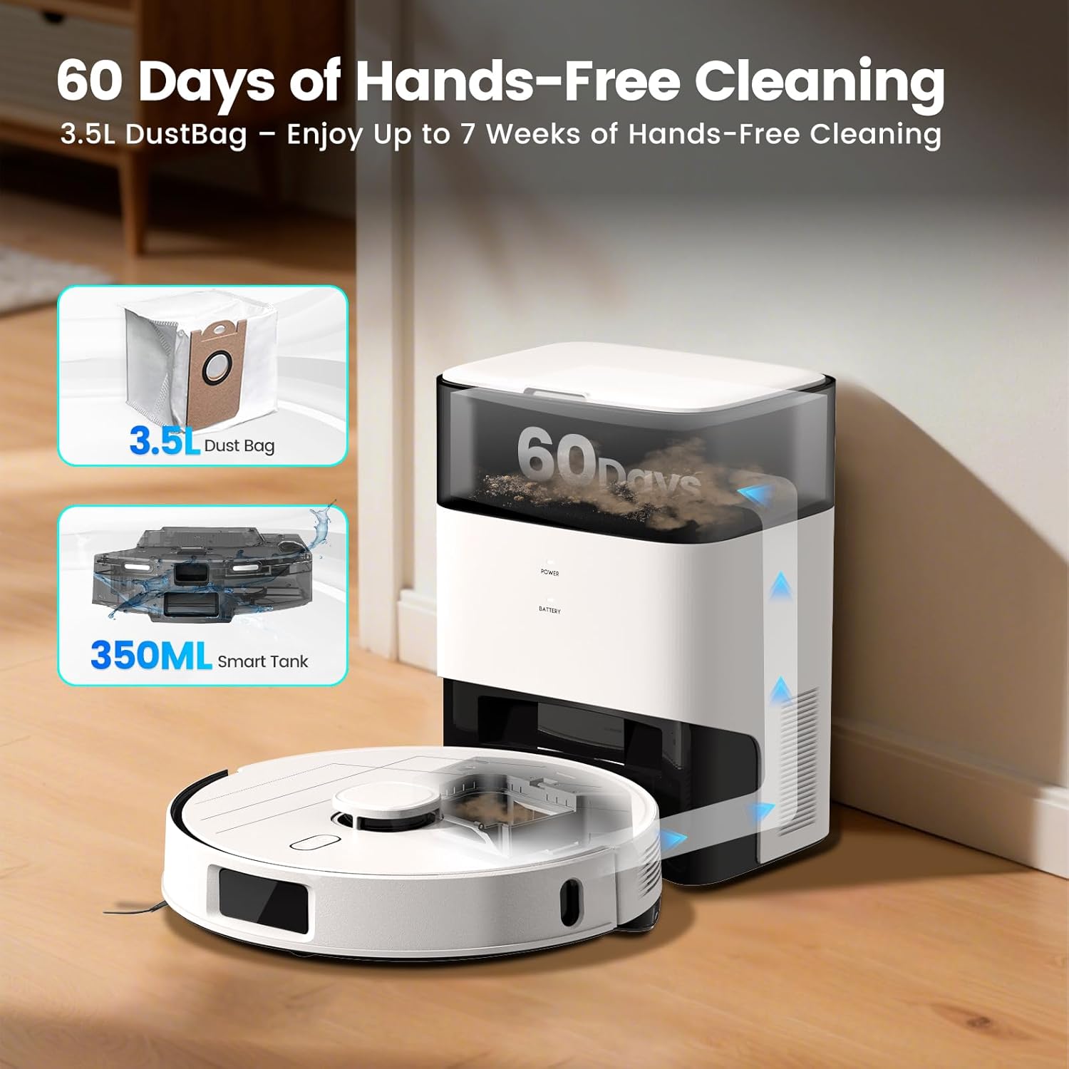 AIRROBO T30+ Robot Vacuum and Mop, Self-Emptying, 6000PA Suction, Proactive Intelligence Avoidance, APP ＆ Voice Control, LiDAR Navigation, Perfect for Pet Hair, Hard Floor,Carpet