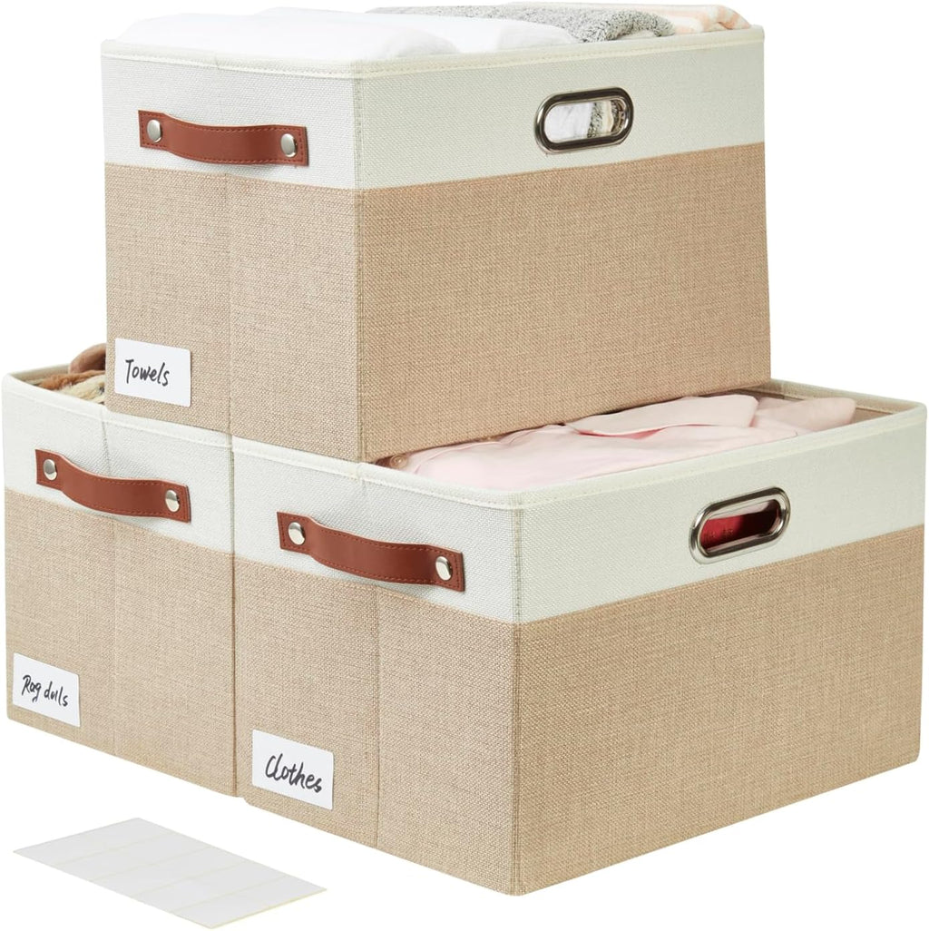 Large Collapsible Fabric Storage Bins with 3 Handles, Foldable Organizer Baskets for Closet, Shelves, Living Room | 3 Pack, Durable PU & Metal Handles (14.9"x9.8"x9.8", Beige & White)