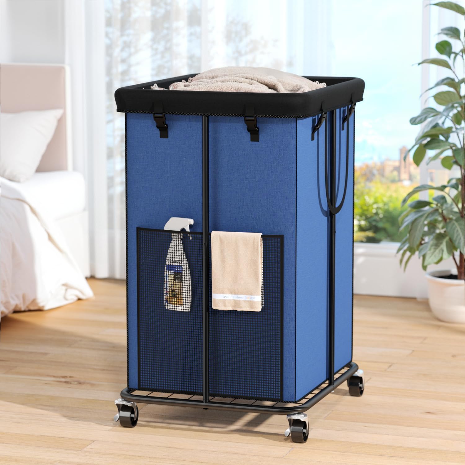 150L Laundry Hamper with Wheels, Rolling Laundry Basket with Metal Frame and Removable Bag, Large & Tall Dirty Clothes Hampers for Bedroom Aesthetic, Laundry Room, Bathroom, Dorm-Blue