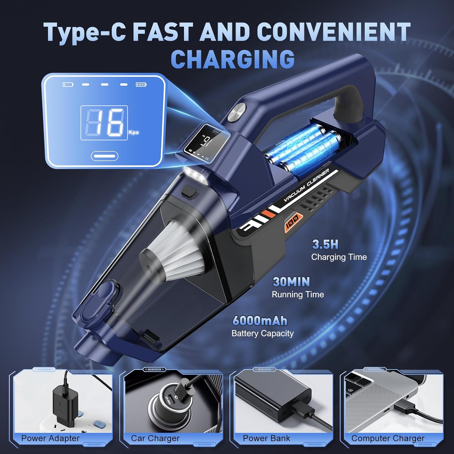 JONYJ Handheld Vacuum Cordless, 16000PA High Power Car Vacuum Cleaner, Portable Hand Held Vacuum Cleaner with LED Light & Multi-Nozzles, Dust Buster Rechargeable for Home, Car, Office, Pets