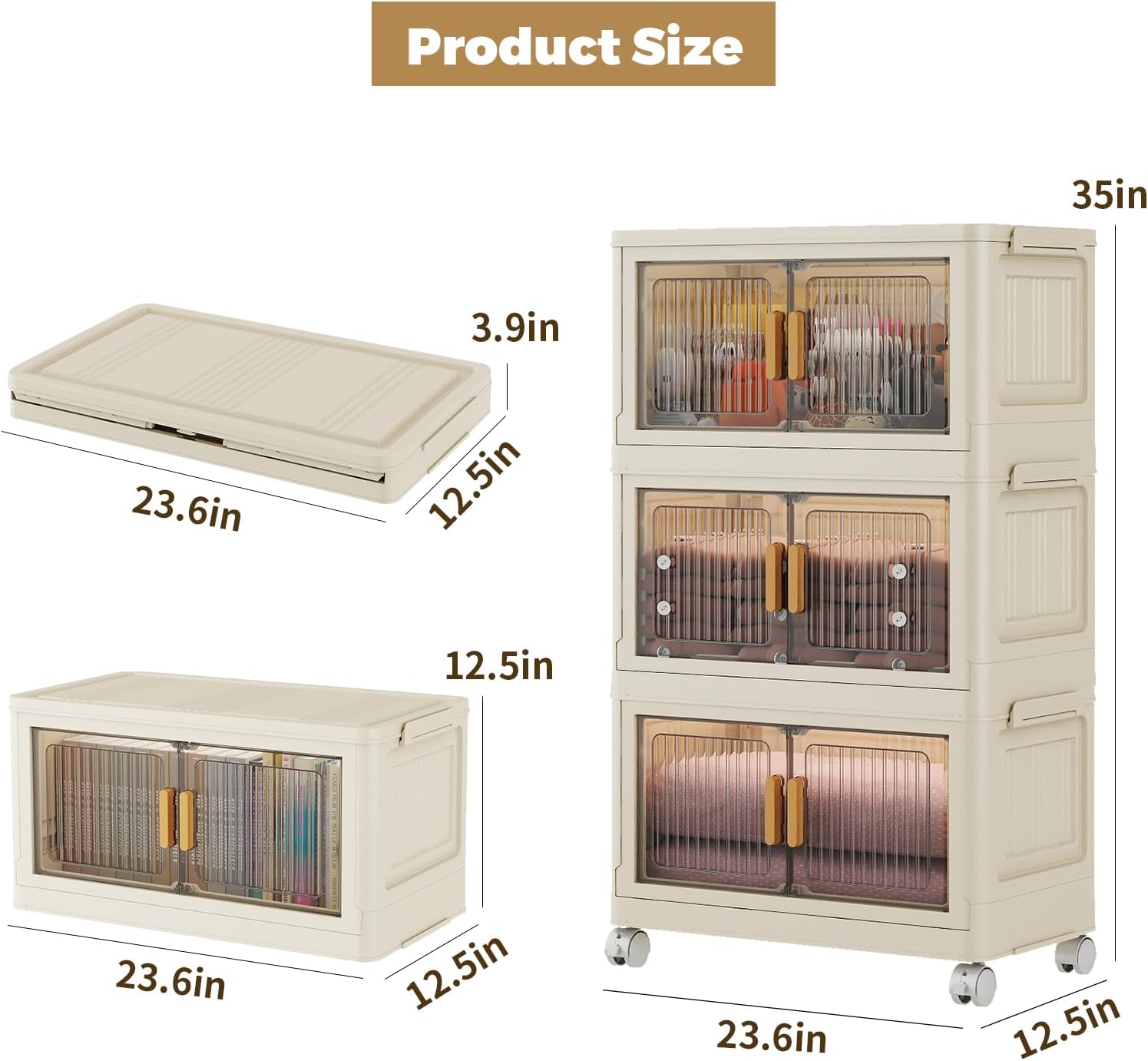 3 Tier Stackable Plastic Storage Bins with Lids 58QT, Collapsible Closet Organizers and Storage with Wheels for Living Room,Office,Dorm