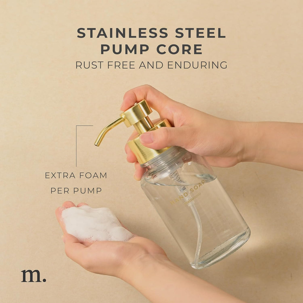 MaisoNovo Glass Foaming Hand Soap Dispenser 14 Oz | Gold Foaming Soap Dispenser Clear Bottle Gold Pump x 1 w/Labels