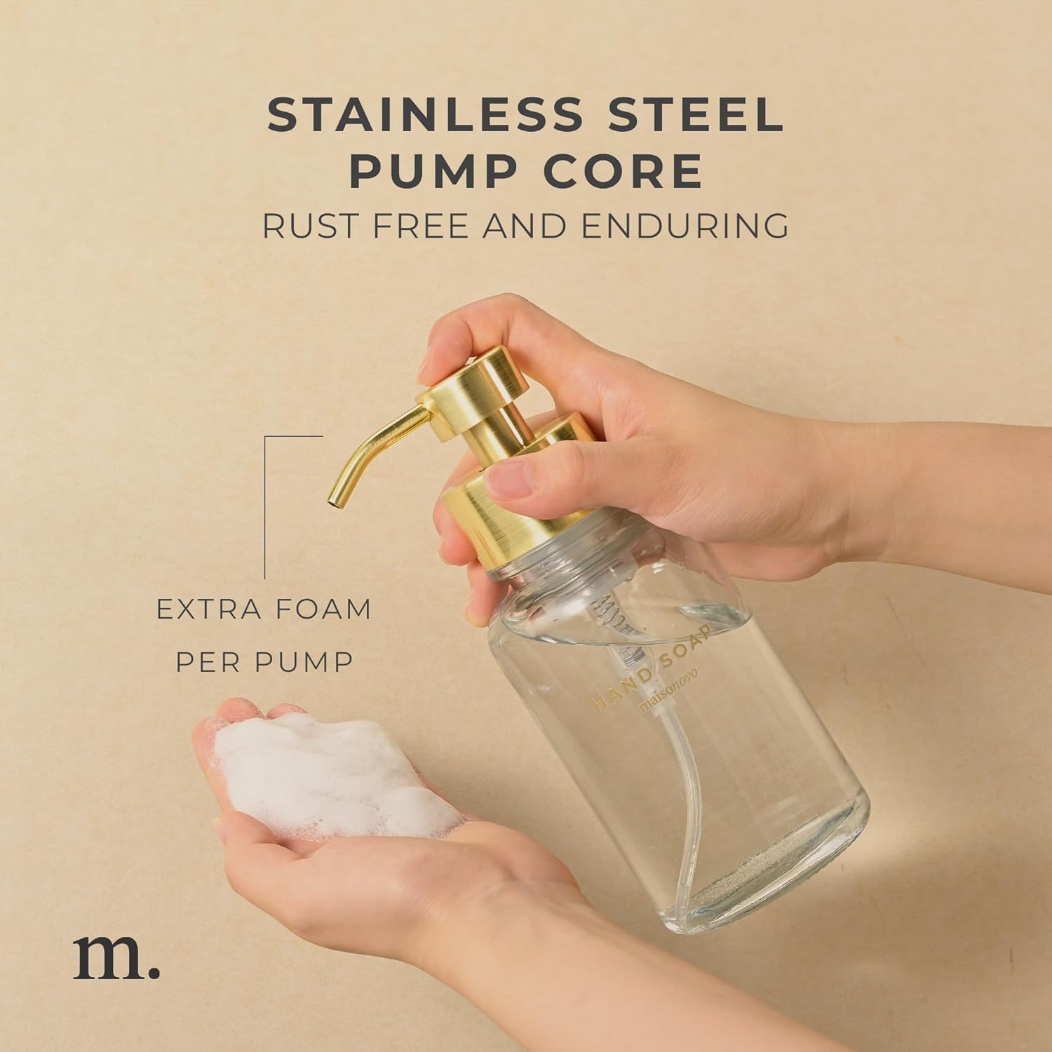 MaisoNovo Glass Foaming Hand Soap Dispenser 14 Oz | Gold Foaming Soap Dispenser Clear Bottle Gold Pump x 1 w/Labels