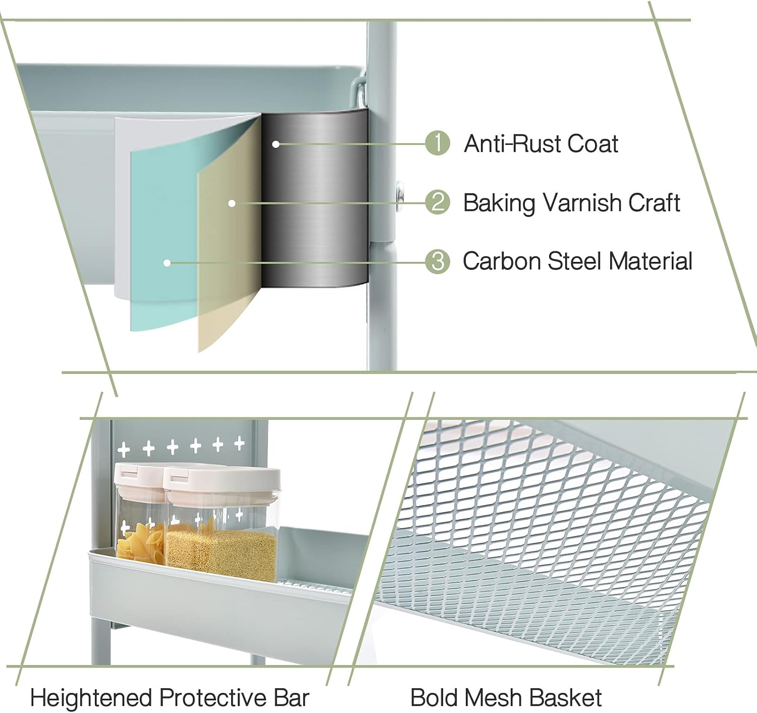 TOOLF 3-Tier Rolling Cart, Metal Utility Storage Cart with DIY Pegboards, Art Craft Trolley with Baskets Hooks, Serving Organizer Easy Assemble for Office, Home, Kitchen, Classroom (Green)