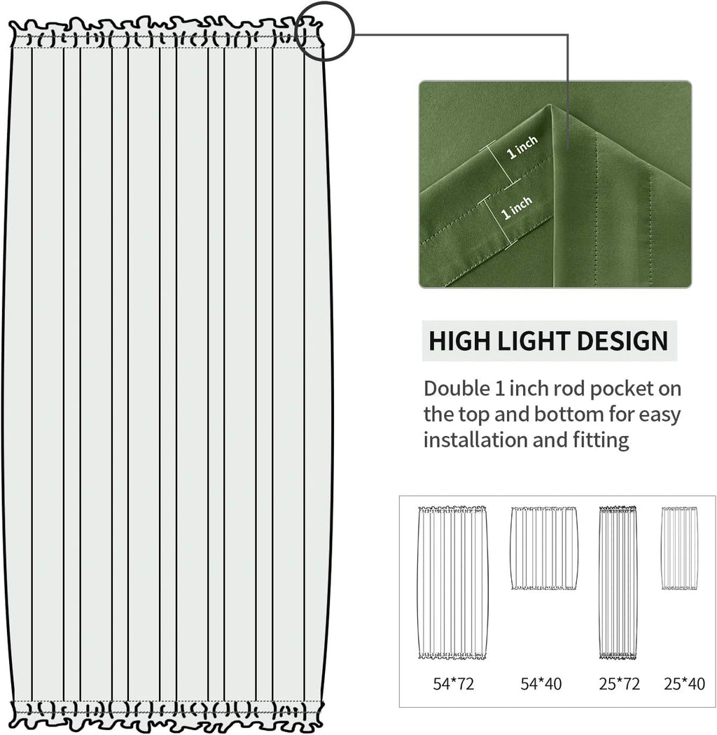 DWCN French Door Curtains – Rod Pocket Thermal Blackout Curtain for Doors with Glass Window, Kitchen and Patio Doors for Privacy, 25 X 72 Inches Long, 1 Curtain Panel with Tieback, Olive Green