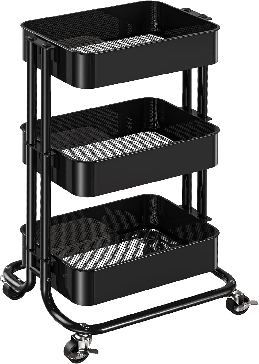 Pipishell 3 Tier Metal Rolling Utility Cart, Heavy-Duty Storage Rolling Cart with 2 Lockable Wheels, Multifunctional Mesh Organization Utility Cart for Kitchen Dining Room Living Room (Black)