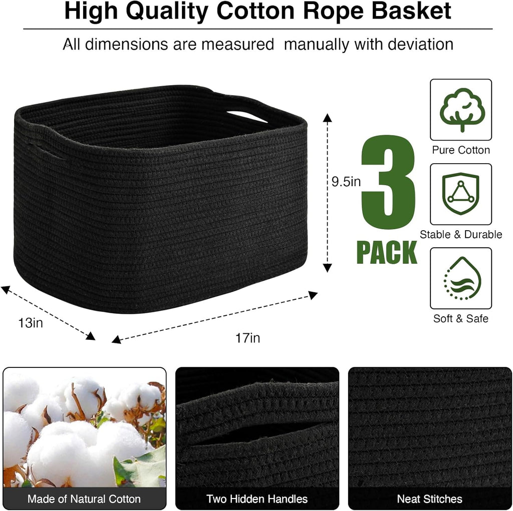 Large Storage Baskets for Organizing Shelves, Woven Cotton Rope Bins for Baby Nursery Organization, Book Toy Towel Organizer, 17"x13"x9.5", 3 Packs, Black