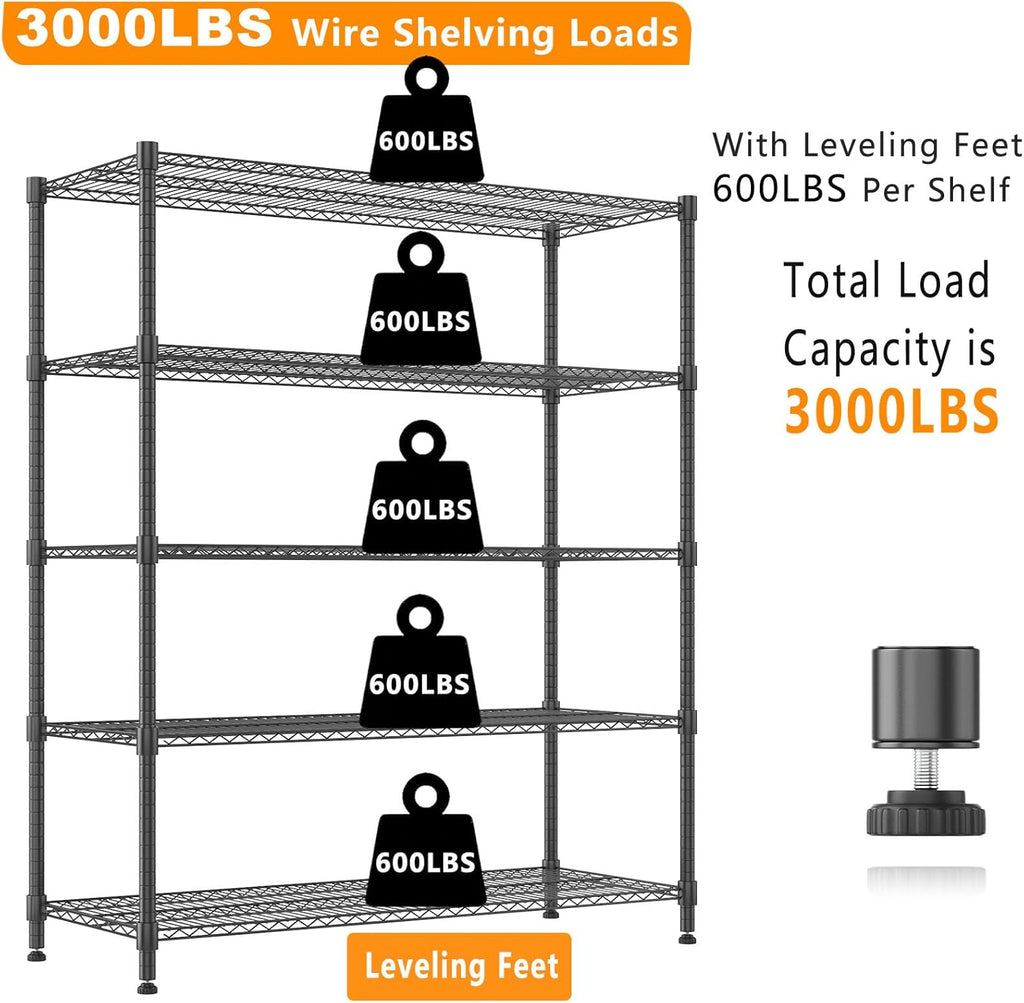 Himimi 82" H Storage Shelves 5 Tier Metal Shelving Adjustable Wire Shelf with Wheels, Heavy Duty Shelving for Garage Kitchen Pantry Bathroom Laundry,18" D*48" W*82" H, Black