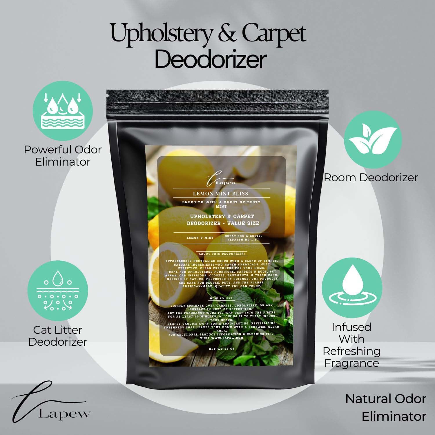 Lemon Mint Bliss Carpet Freshener Powder Refill 36 oz | Powerful Odor Eliminator for Home | Upholstery Deodorizer | Carpet Deodorizer | Pet Urine | Cat Litter Box