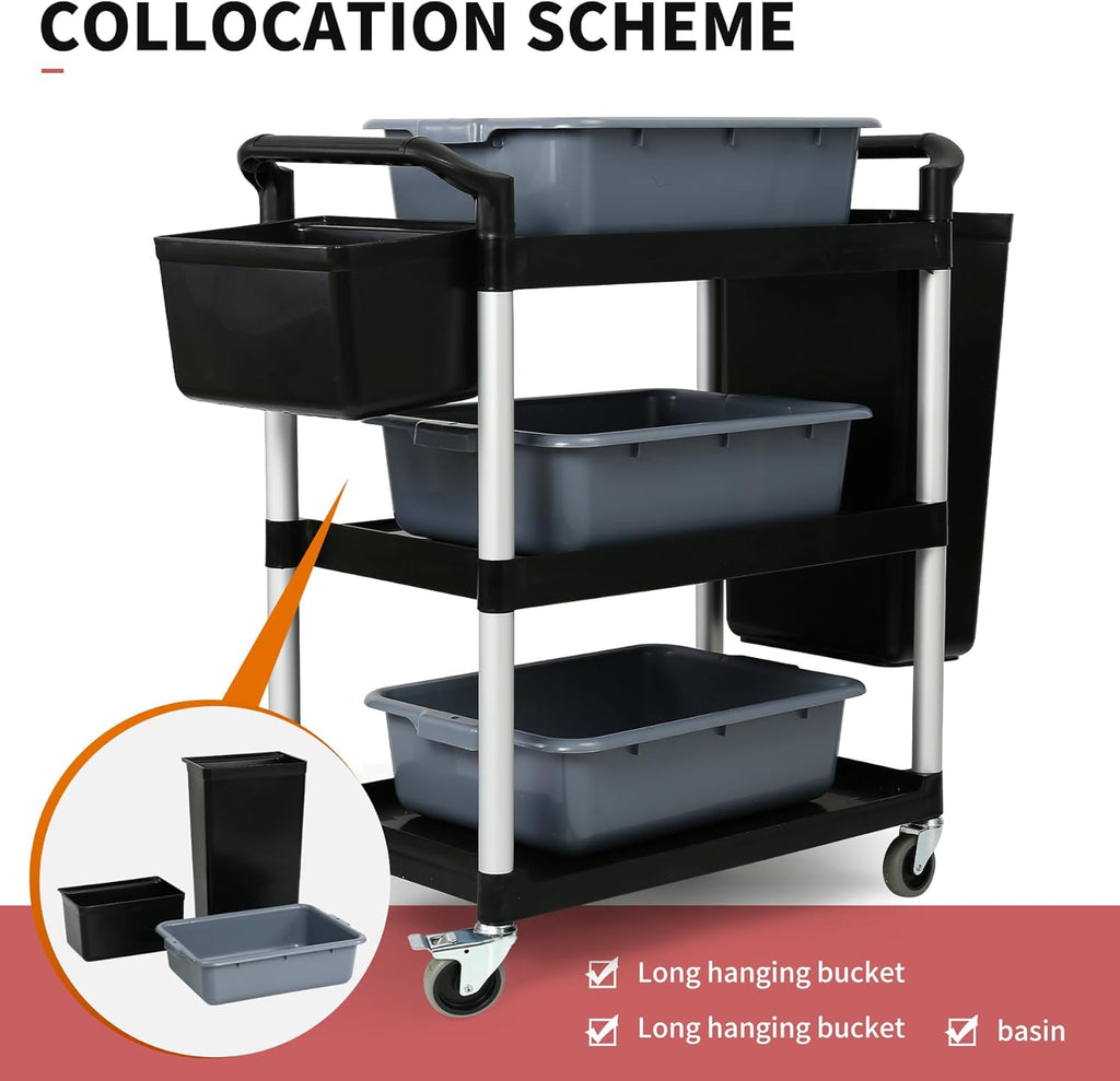 3-Tier Utility Rolling Cart with Wheels, Durable Catering carts with Wheels, Rolling Storage Cart for Hotel Canteen Resturant Office (Black, 34.4" D x 16.5" W x 37.7" H)