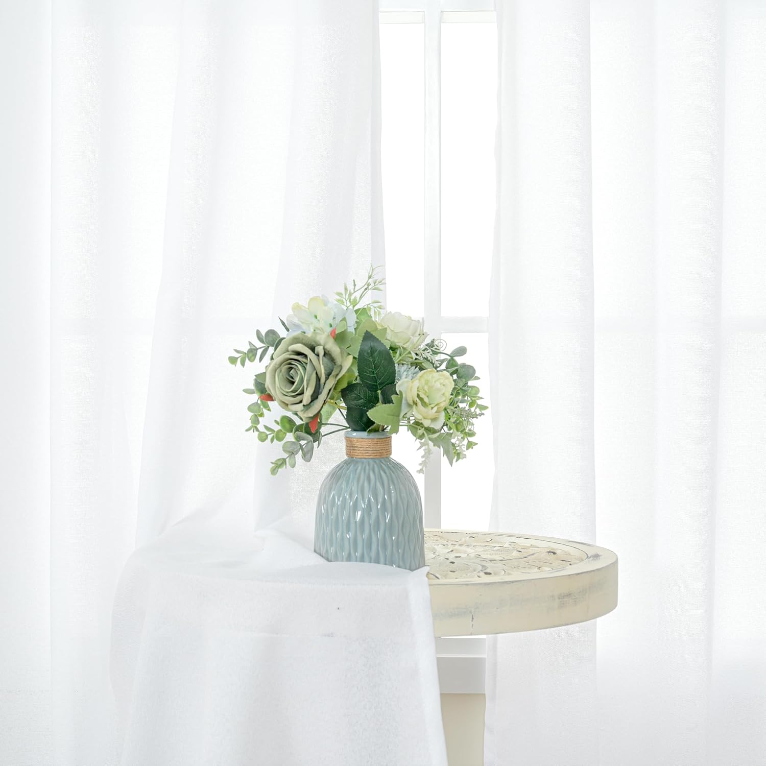 YoungsTex White Linen Curtains for Kitchen Window Over Sink - Small Half Window Drapes Semi Sheer with Back Tab for Front Door Cafe, 2 Panels, 30 X 40 Inch