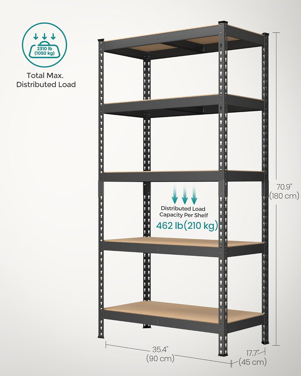 SONGMICS 5-Tier Storage Shelves, Load 2310 lb, Set of 2 Garage Storage, Boltless Assembly, Adjustable Shelving Unit, 17.7 x 35.4 x 70.9 Inches, for Study Shed Basement, Black UGLR450B02