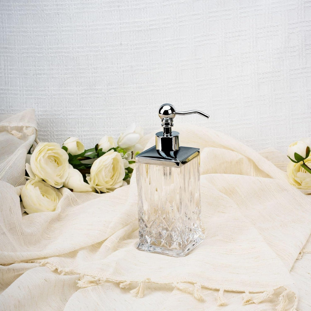 10Oz Clear Glass Soap Dispenser,Handcrafted Lead-Free Glass,Hand Sanitizer Dispenser with Silver Pump for Kitchen and Bathroom,Elegant Bathroom Decor(Square)