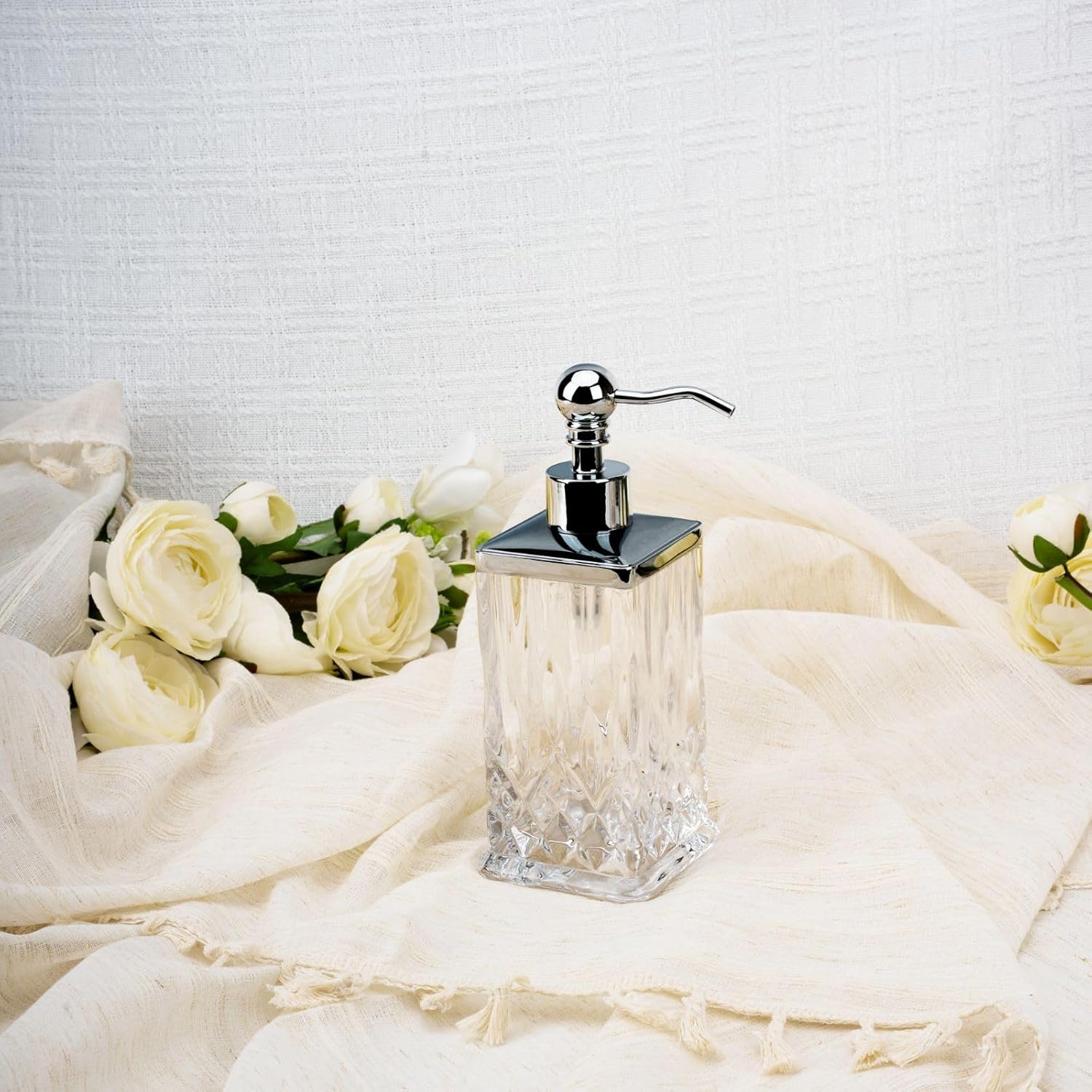 10Oz Clear Glass Soap Dispenser,Handcrafted Lead-Free Glass,Hand Sanitizer Dispenser with Silver Pump for Kitchen and Bathroom,Elegant Bathroom Decor(Square)