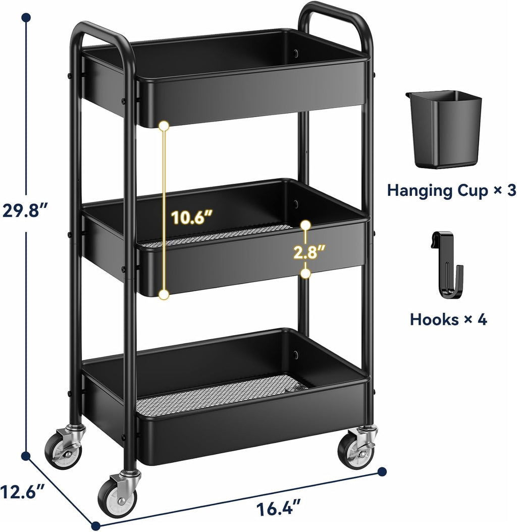 YASONIC 3 Tier Rolling Cart - Metal Utility Cart with Wheels, Hanging Cups, Hooks, Heavy Duty Mesh Rolling Storage Cart Organizer, Craft Cart for Kitchen Office, Lightweight and Sturdy
