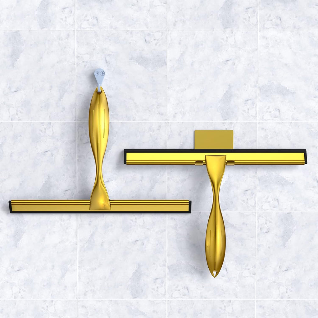 14-Inches Stainless Steel Shower Squeegee Set, Include Shower Door Hook, Adhesive Hook and Spare Silicone Blade, Window Squeegee for Shower Glass Door, Bathroom, Mirror, Window and Car Glass