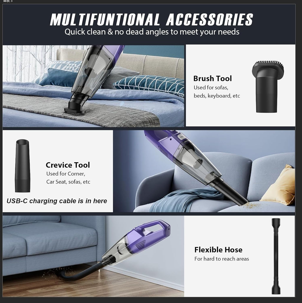 Handheld Vacuum Cordless – Car Vac Portable with 8KPA & Multi Accessories & Low Noise, Lightweight Hand Held Vacuum Cordless Rechargeable for Car/Home/Dust/Pet Hair, Mine Portable Vacuum