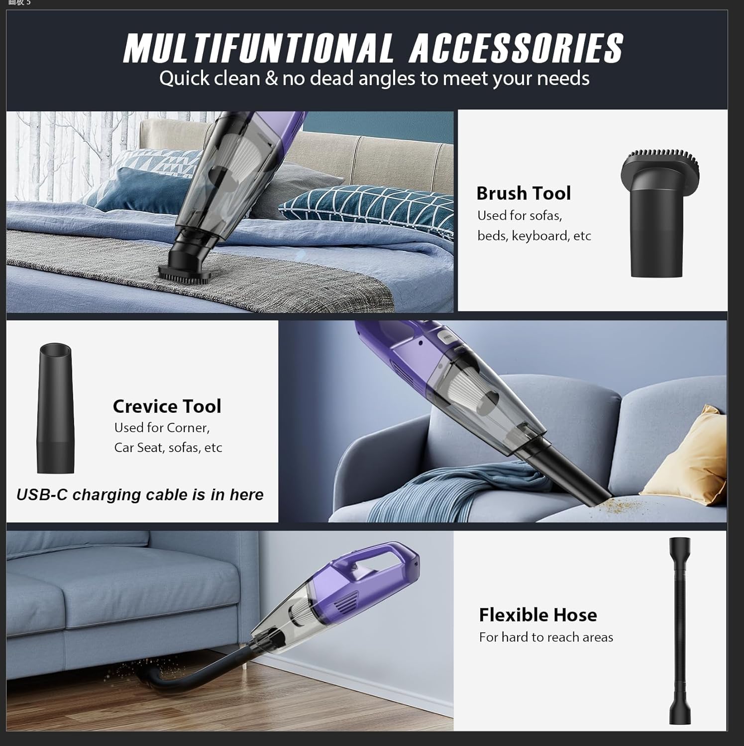 Handheld Vacuum Cordless – Car Vac Portable with 8KPA & Multi Accessories & Low Noise, Lightweight Hand Held Vacuum Cordless Rechargeable for Car/Home/Dust/Pet Hair, Mine Portable Vacuum