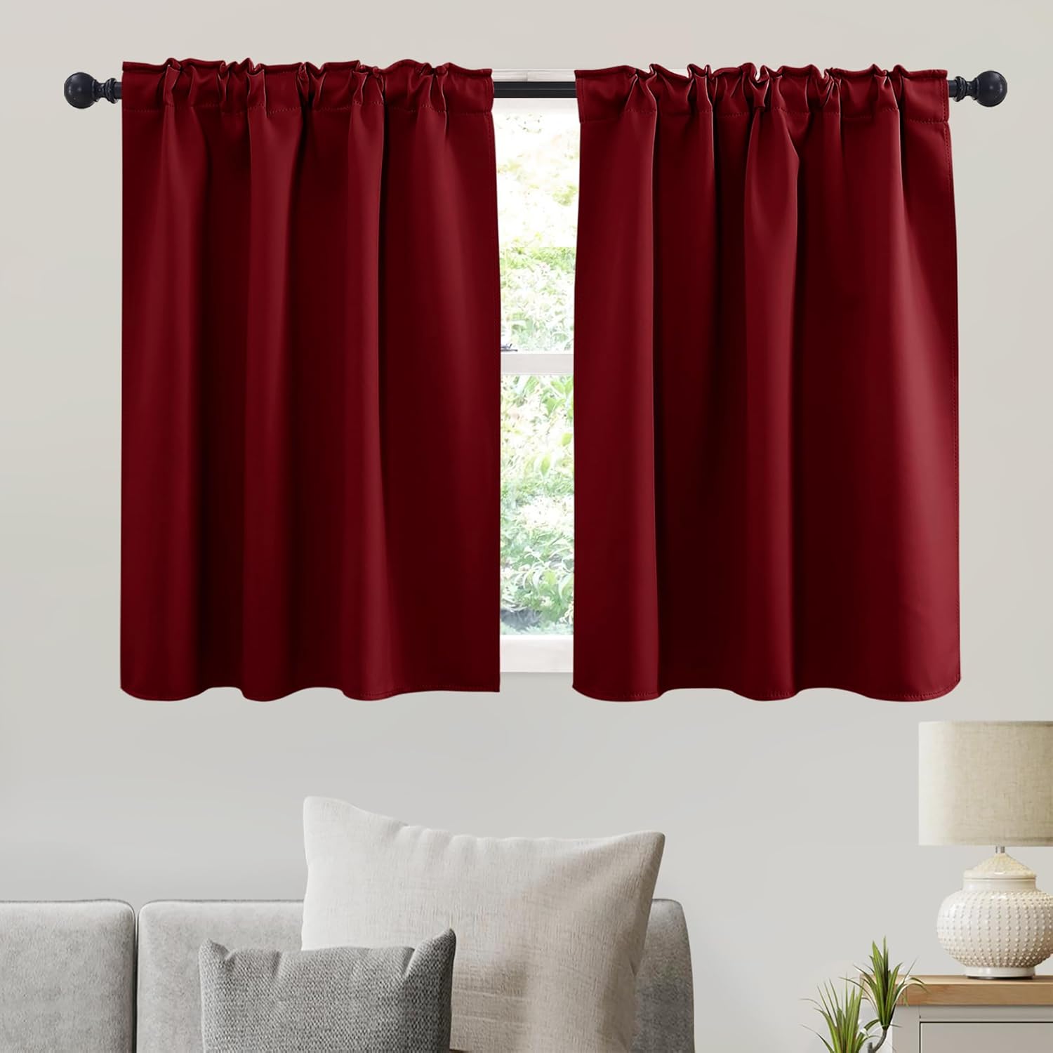 RYB HOME Small Window Curtains Blackout, Privacy Thermal Insulating Drapes for Bedroom Bathroom Basement Cafe Classroom Window Decor, W 34 x L 45 inches, Burgundy Red, 2 Panels