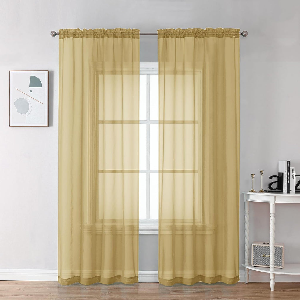 Chyhomenyc Gold Sheer Curtains 78 Inches Long 2 Panels Set for Living Room, Light Filtering Voile Lightweight Bedroom Curtains, Rod Pocket Solid Window Treatment Drapes, Each 42W x 78L