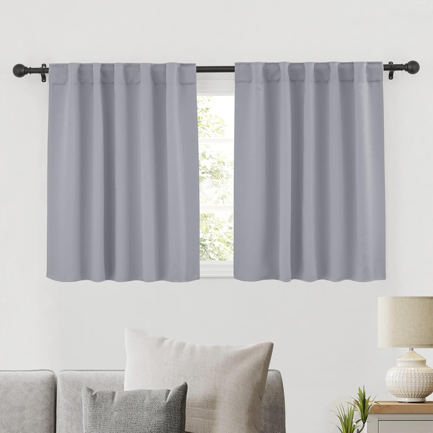 RYB HOME Bedroom Curtains, Room Darkening Thermal Insulated Curtain Back Tab Pleat Drapes Decent Window Treatment for Home Office Playroom Living Room, W42 x L36 inches, Sliver Grey, 2 Panels