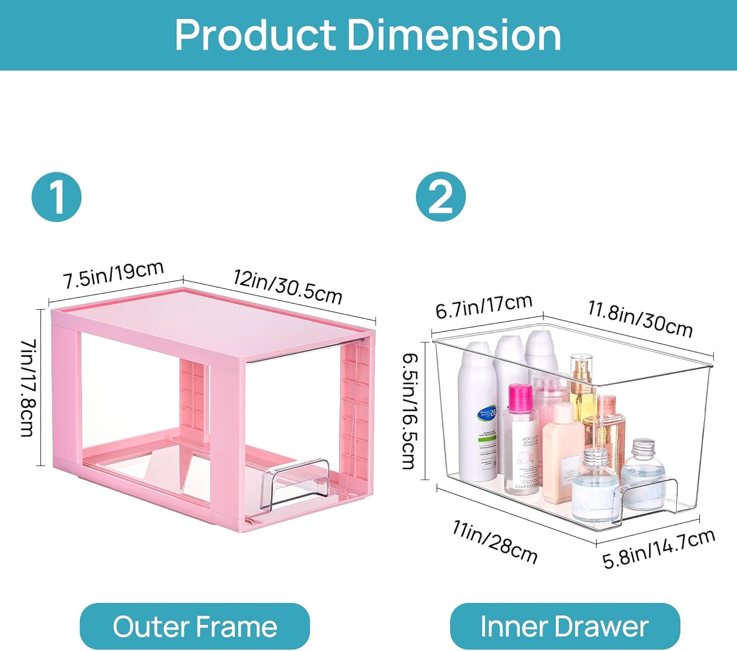 Vtopmart 4 Pack Large Stackable Storage Drawers,Pink,Easily Assemble Acrylic Bathroom Closet Undersink Organizers and Storage,Plastic Bins for Kitchen Cabinets,Pantry,Makeup,Medicine Organization